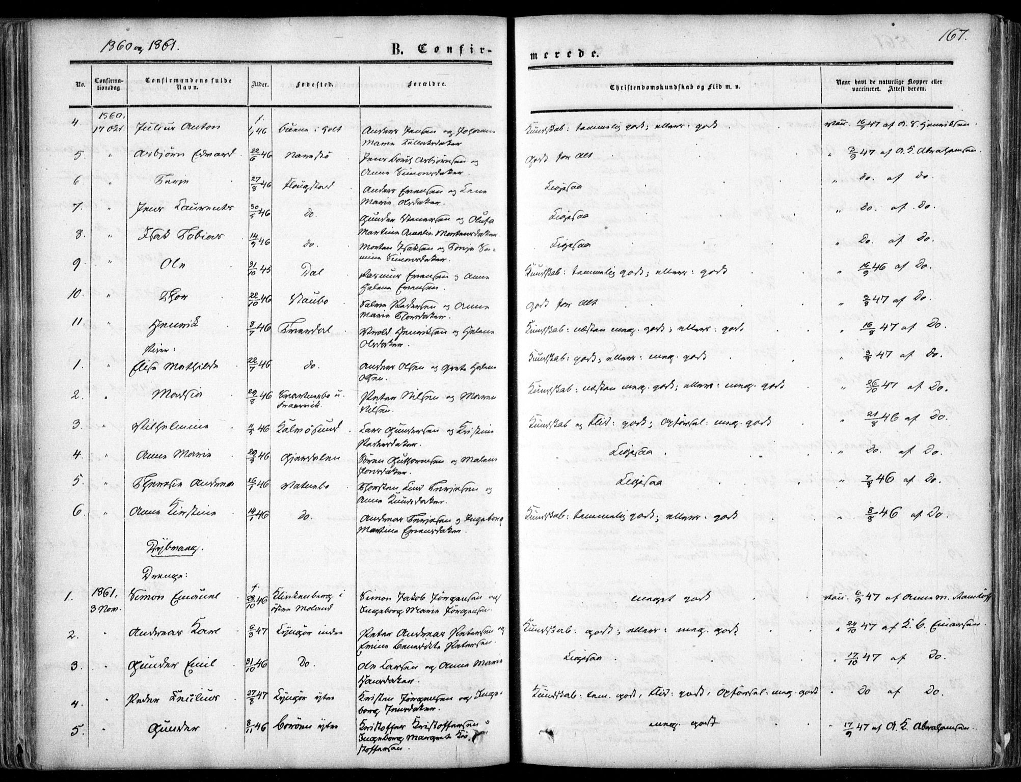 Dypvåg sokneprestkontor, AV/SAK-1111-0007/F/Fa/Faa/L0006: Parish register (official) no. A 6, 1855-1872, p. 167