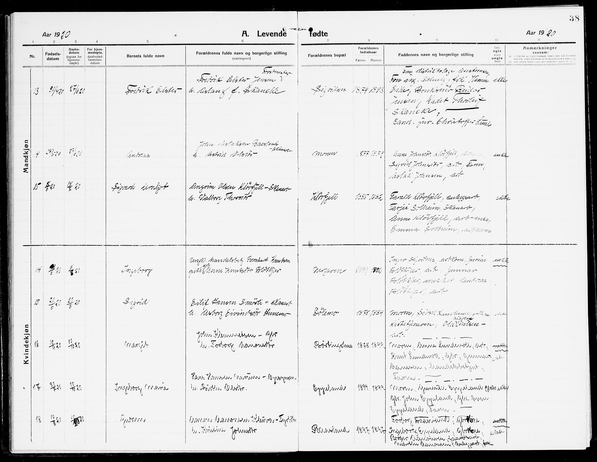 Åmli sokneprestkontor, AV/SAK-1111-0050/F/Fa/Fac/L0013: Parish register (official) no. A 13, 1914-1933, p. 38