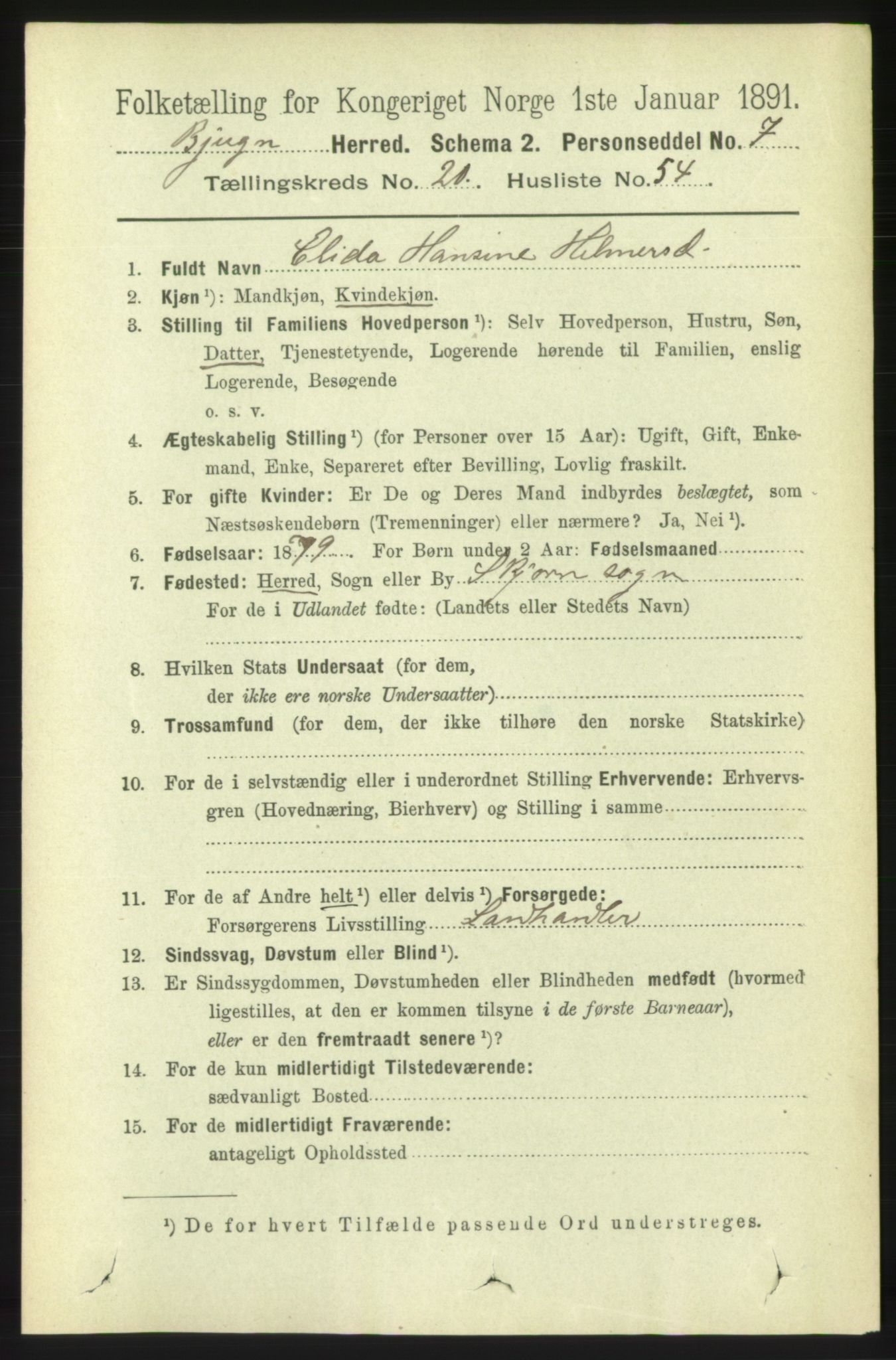 RA, 1891 census for 1627 Bjugn, 1891, p. 5733