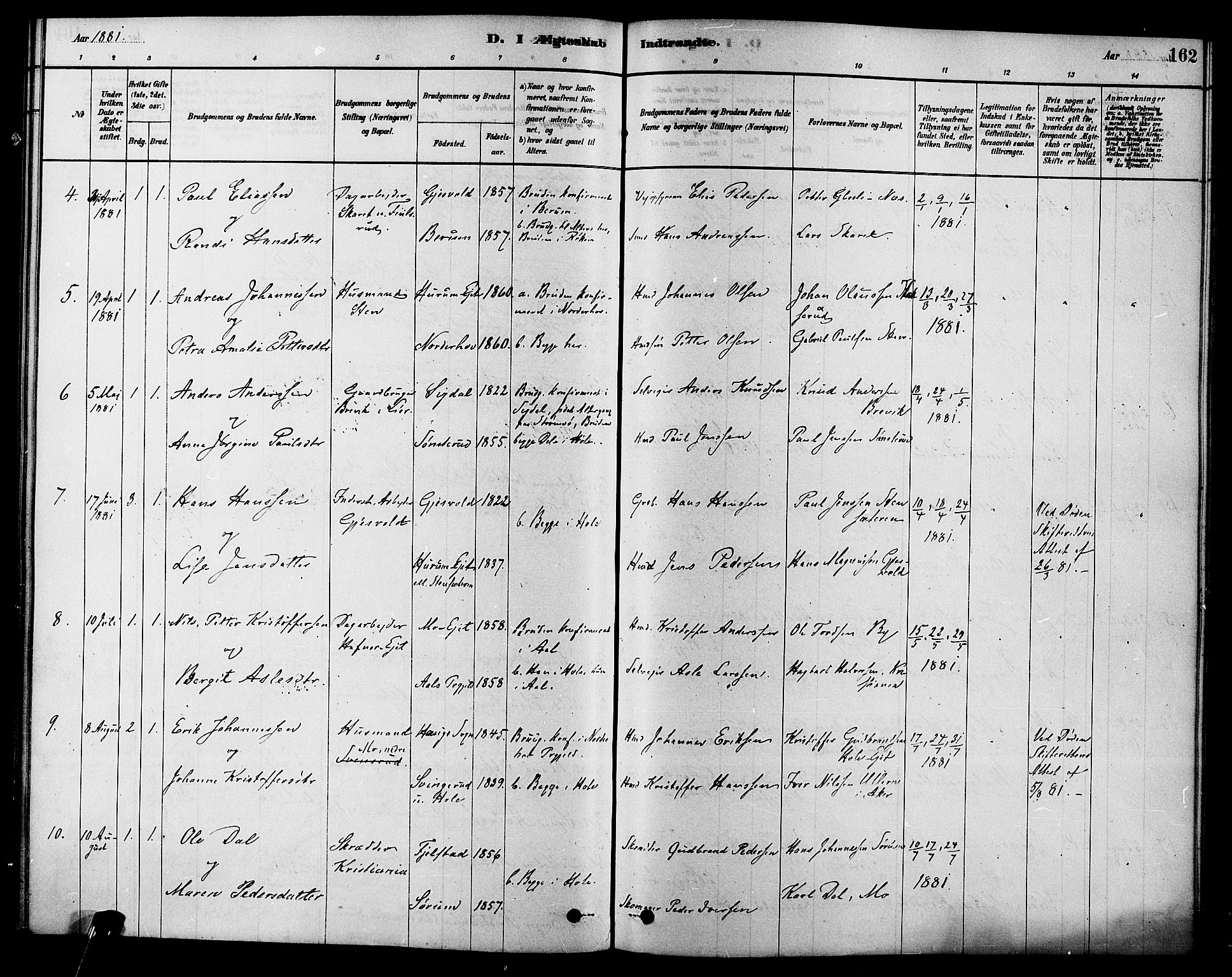 Hole kirkebøker, SAKO/A-228/F/Fa/L0008: Parish register (official) no. I 8, 1878-1891, p. 162