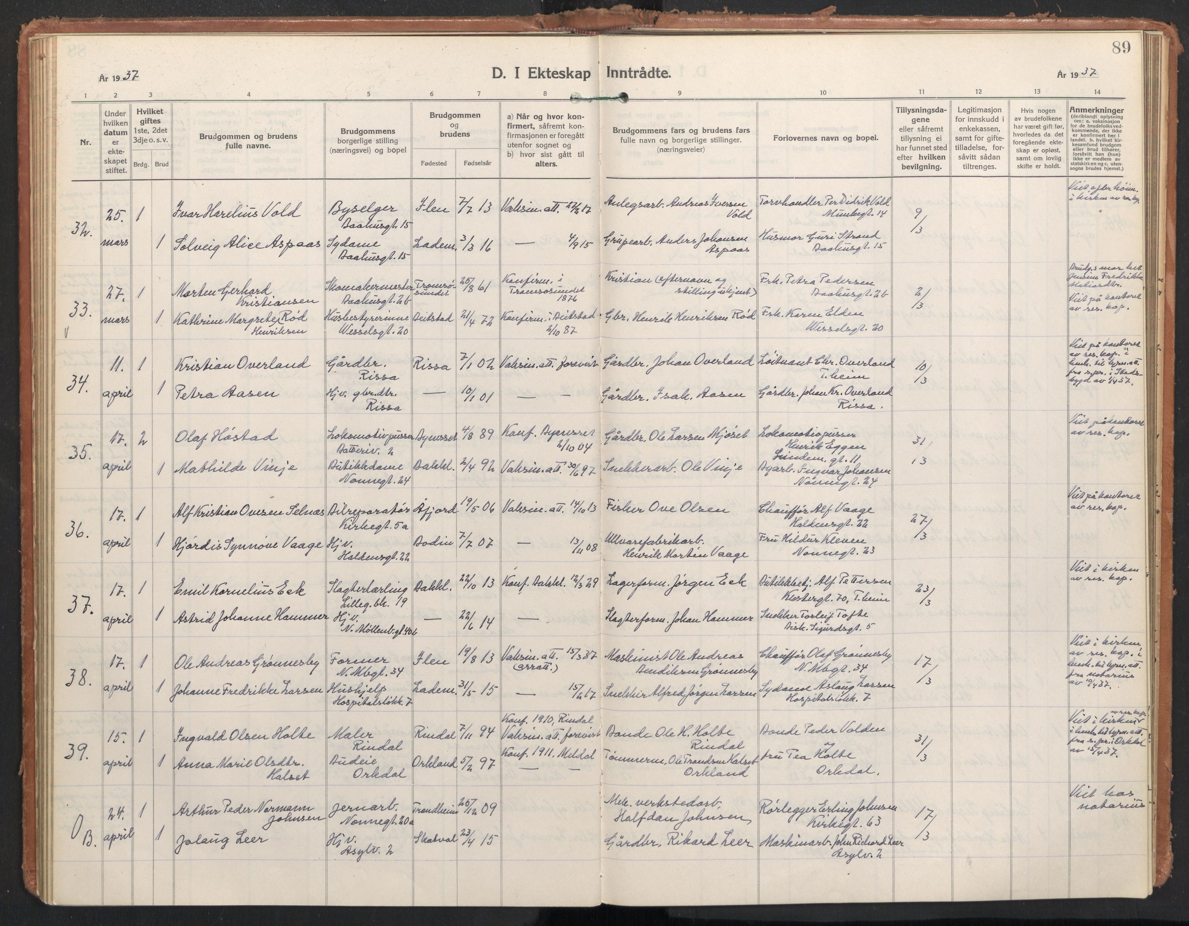 Ministerialprotokoller, klokkerbøker og fødselsregistre - Sør-Trøndelag, SAT/A-1456/604/L0209: Parish register (official) no. 604A29, 1931-1945, p. 89