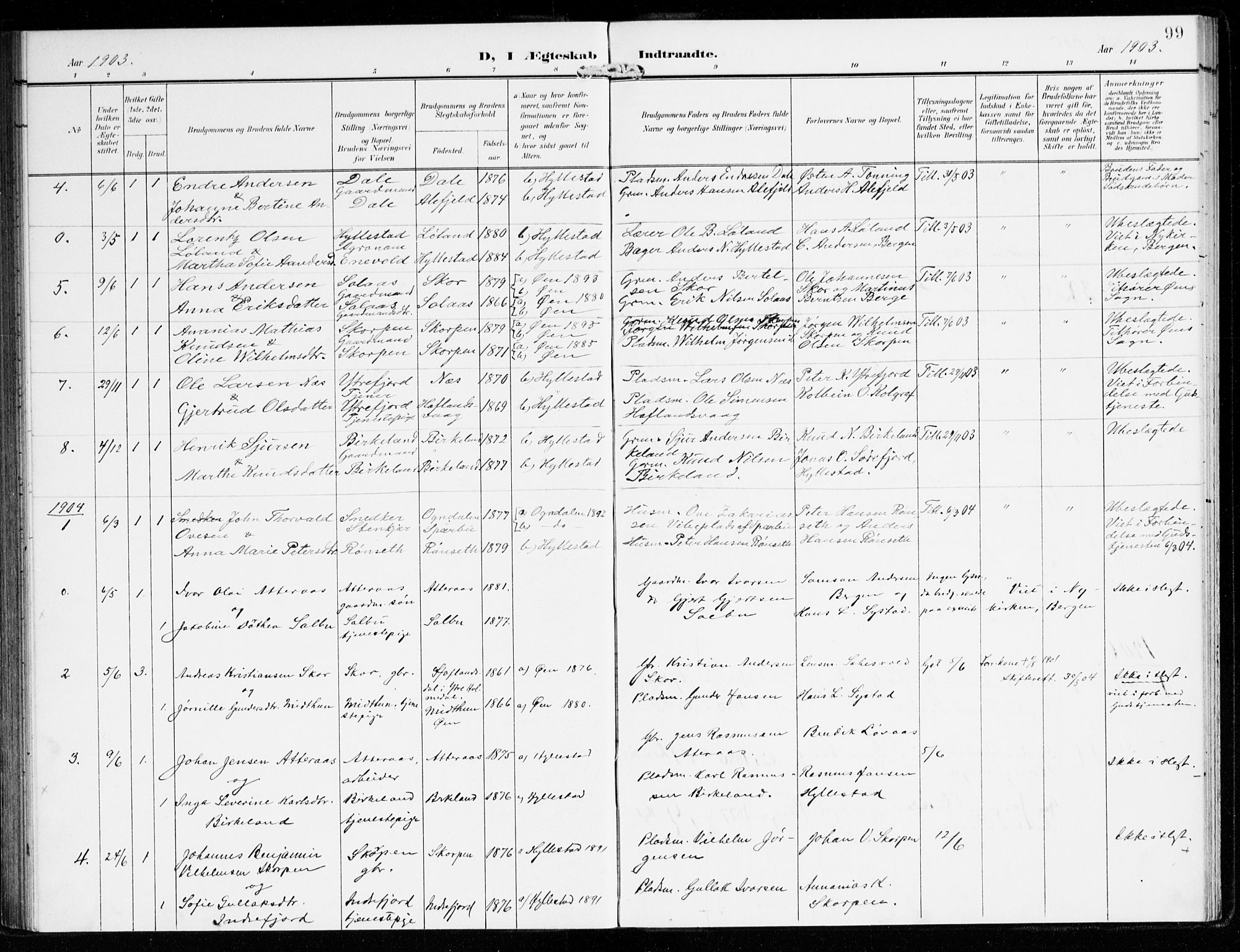 Hyllestad sokneprestembete, SAB/A-80401: Parish register (official) no. B 2, 1903-1917, p. 99