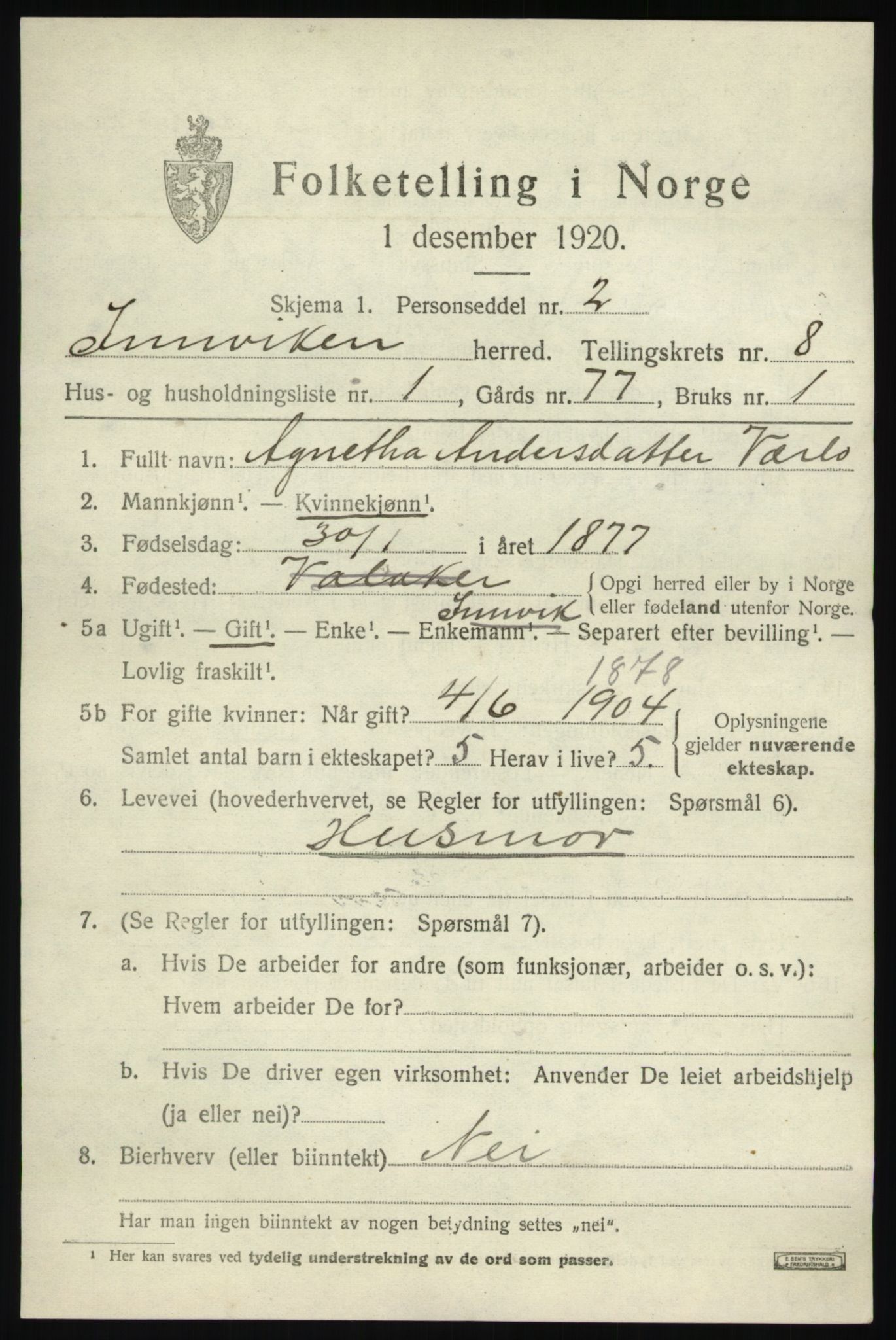 SAB, 1920 census for Innvik, 1920, p. 3433