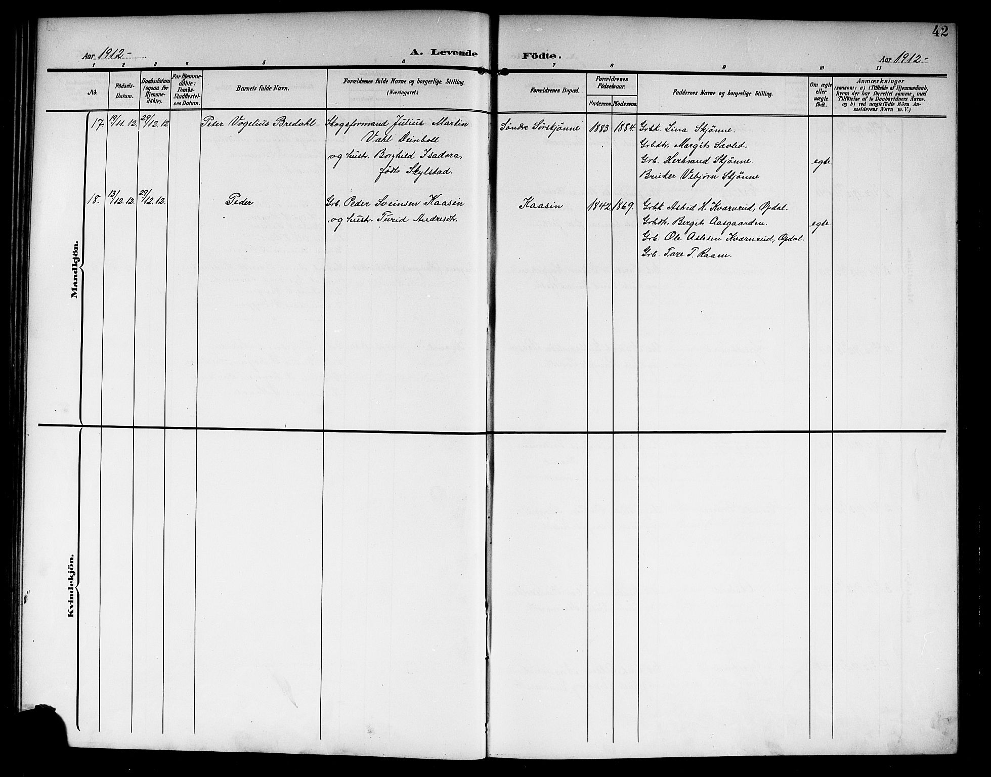 Nore kirkebøker, AV/SAKO-A-238/G/Ga/L0004: Parish register (copy) no. I 4, 1904-1919, p. 42