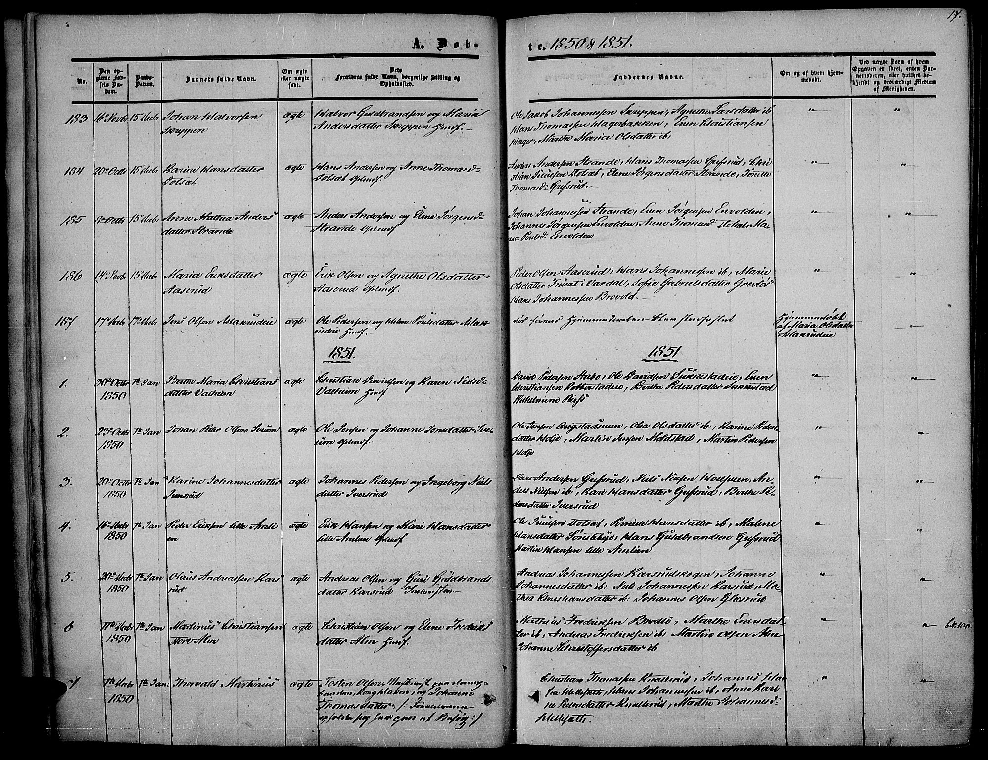 Vestre Toten prestekontor, SAH/PREST-108/H/Ha/Haa/L0005: Parish register (official) no. 5, 1850-1855, p. 17