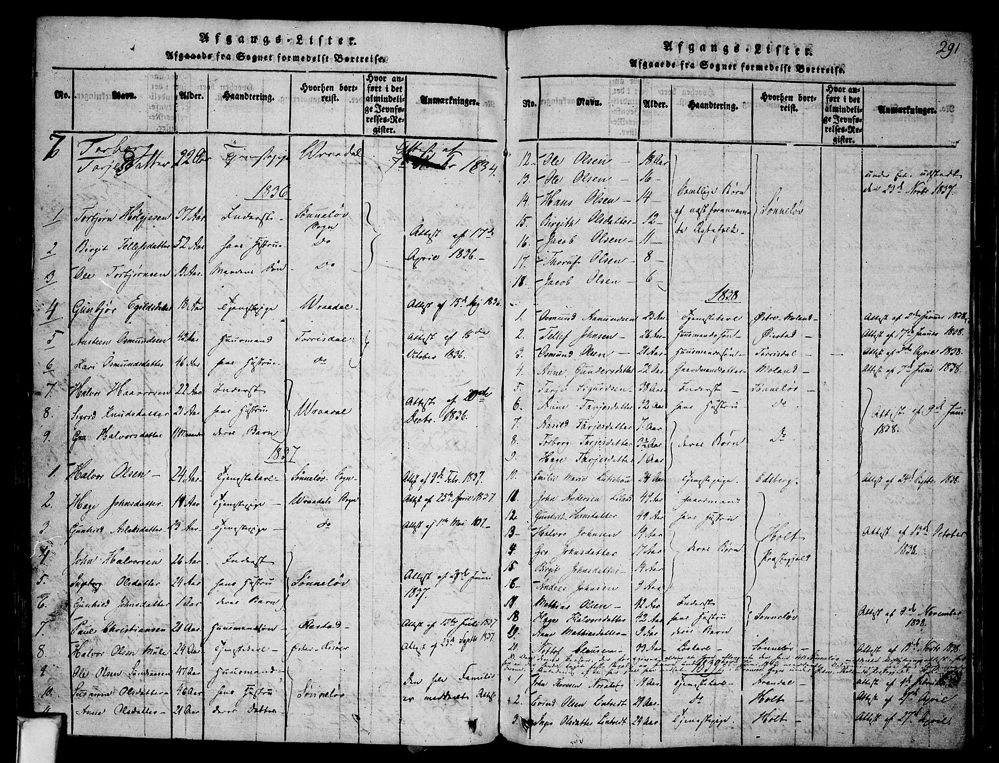 Nissedal kirkebøker, SAKO/A-288/F/Fa/L0002: Parish register (official) no. I 2, 1814-1845, p. 291