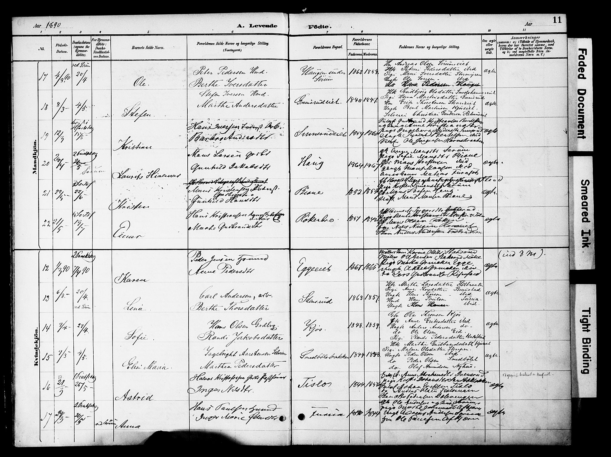 Gran prestekontor, AV/SAH-PREST-112/H/Ha/Haa/L0020: Parish register (official) no. 20, 1889-1899, p. 11