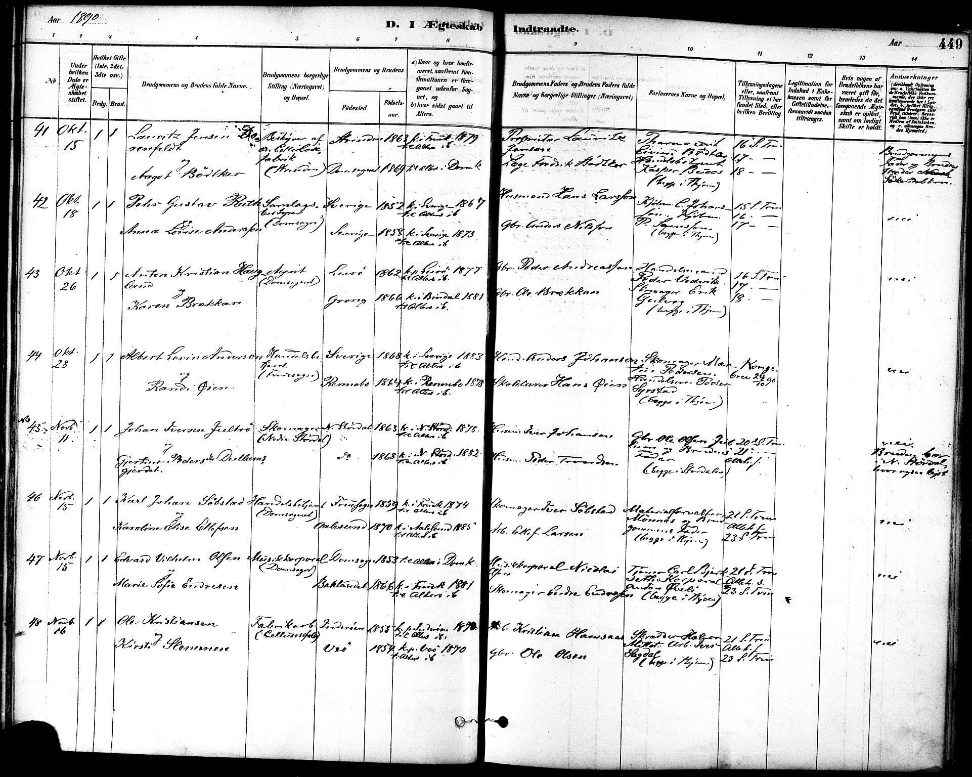 Ministerialprotokoller, klokkerbøker og fødselsregistre - Sør-Trøndelag, AV/SAT-A-1456/601/L0058: Parish register (official) no. 601A26, 1877-1891, p. 449