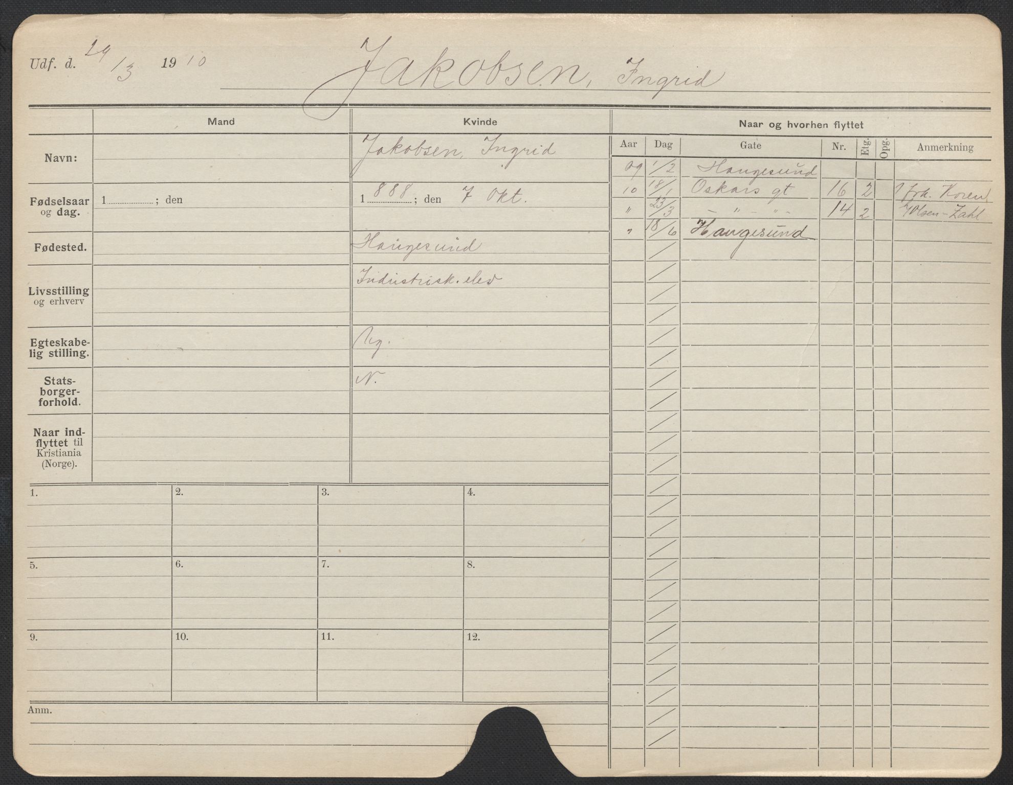 Oslo folkeregister, Registerkort, AV/SAO-A-11715/F/Fa/Fac/L0017: Kvinner, 1906-1914, p. 208a