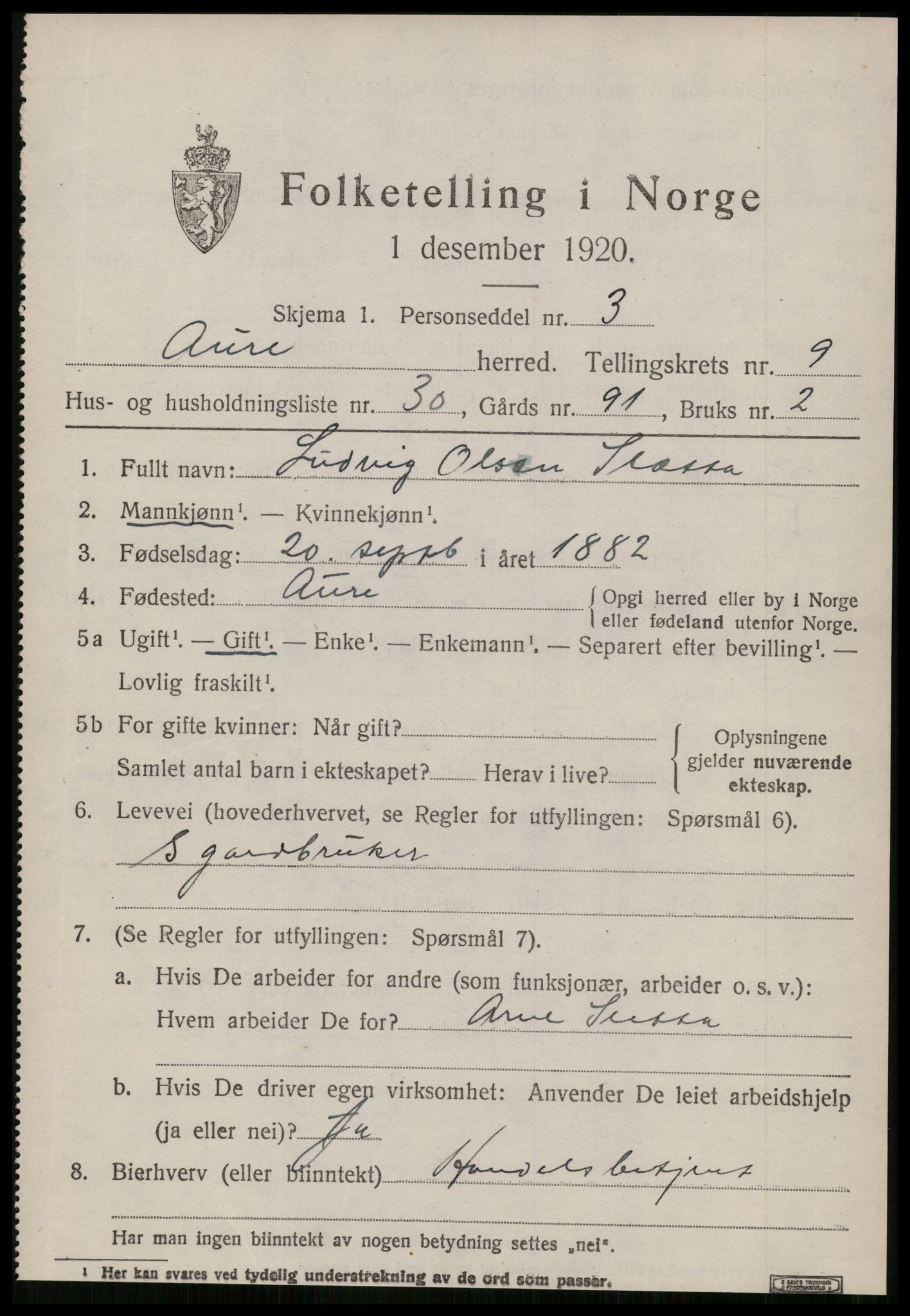 SAT, 1920 census for Aure, 1920, p. 3866