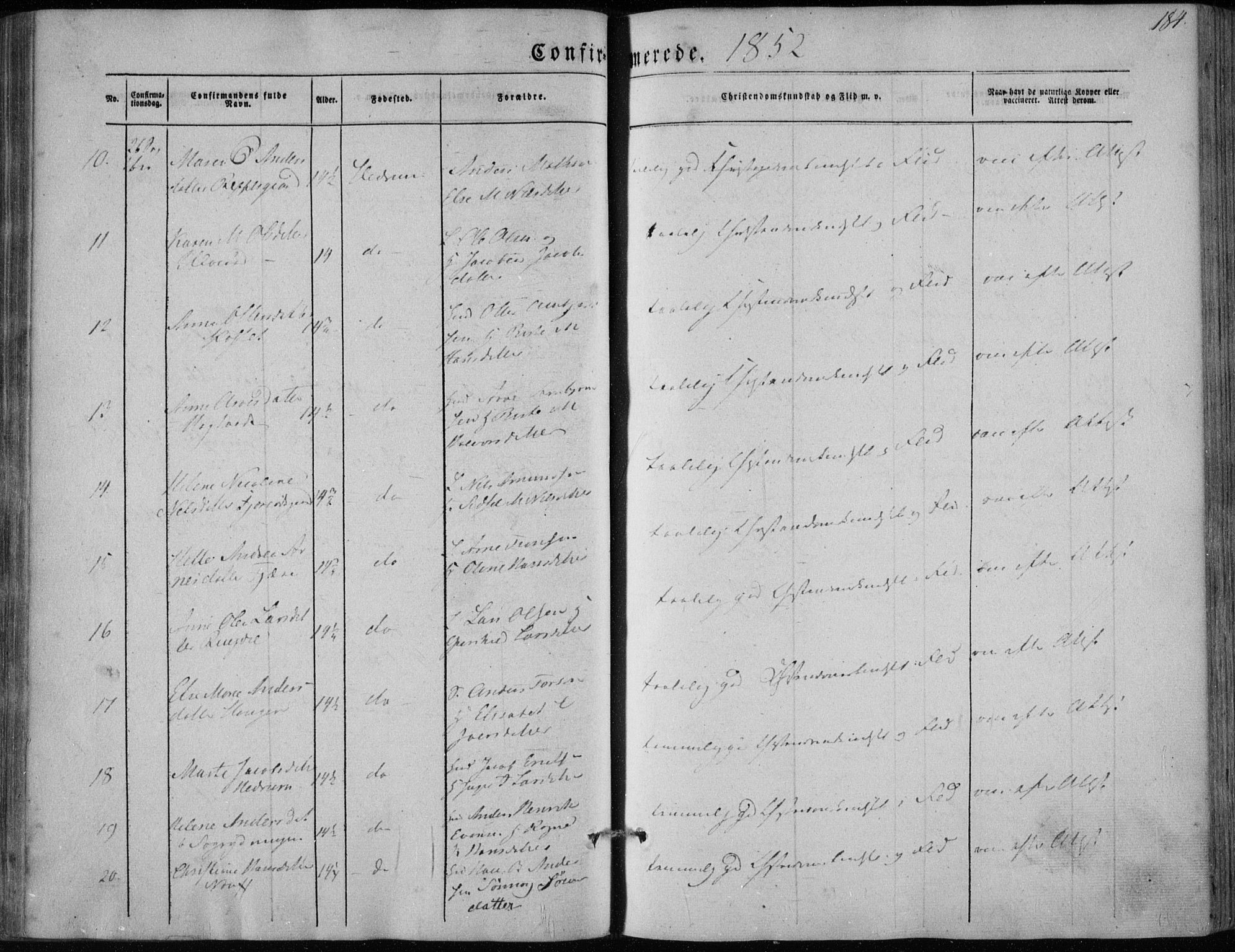 Hedrum kirkebøker, AV/SAKO-A-344/F/Fa/L0006: Parish register (official) no. I 6, 1849-1857, p. 184