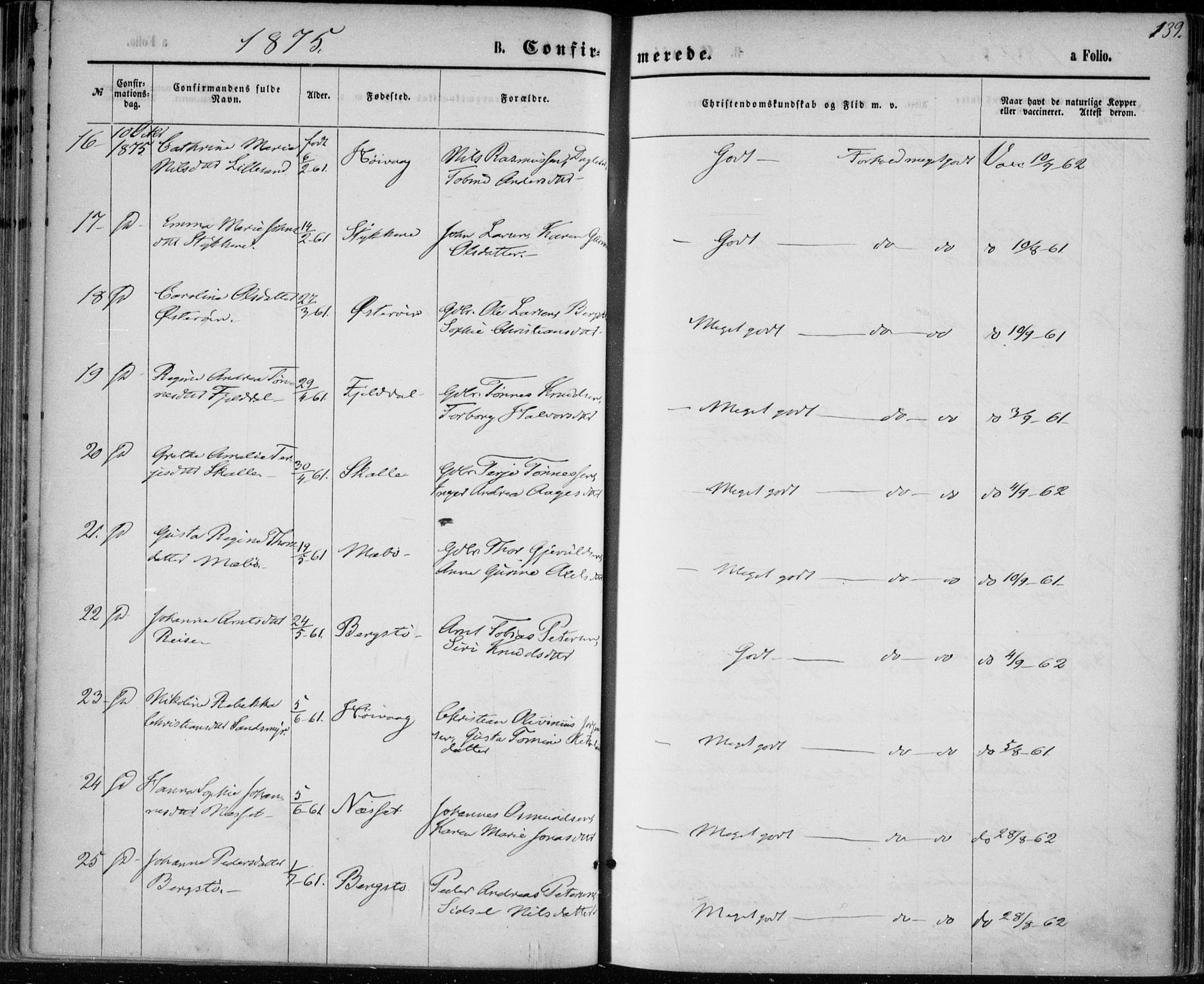 Vestre Moland sokneprestkontor, AV/SAK-1111-0046/F/Fa/Fab/L0008: Parish register (official) no. A 8, 1873-1883, p. 139