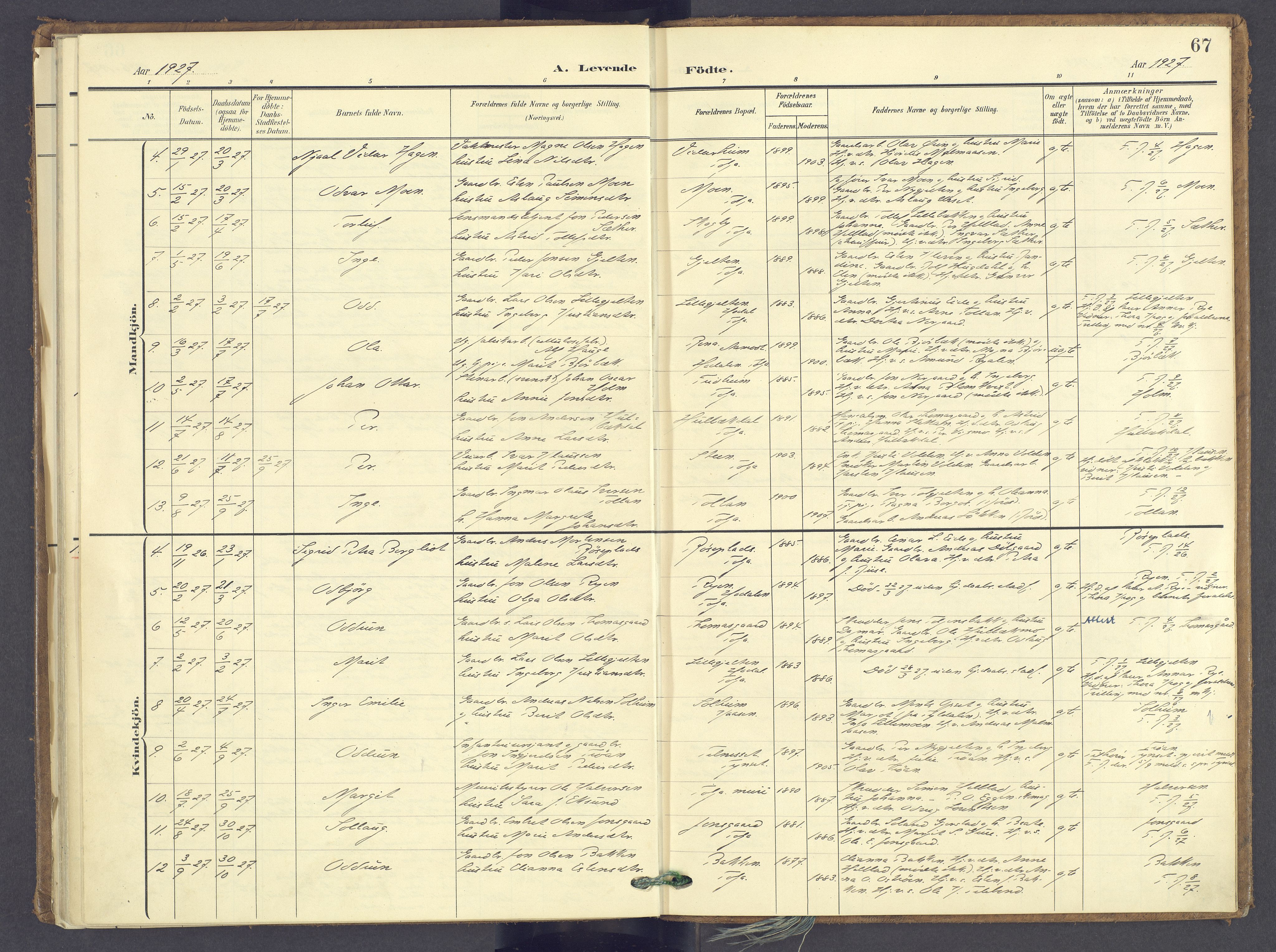 Tolga prestekontor, AV/SAH-PREST-062/K/L0014: Parish register (official) no. 14, 1903-1929, p. 67