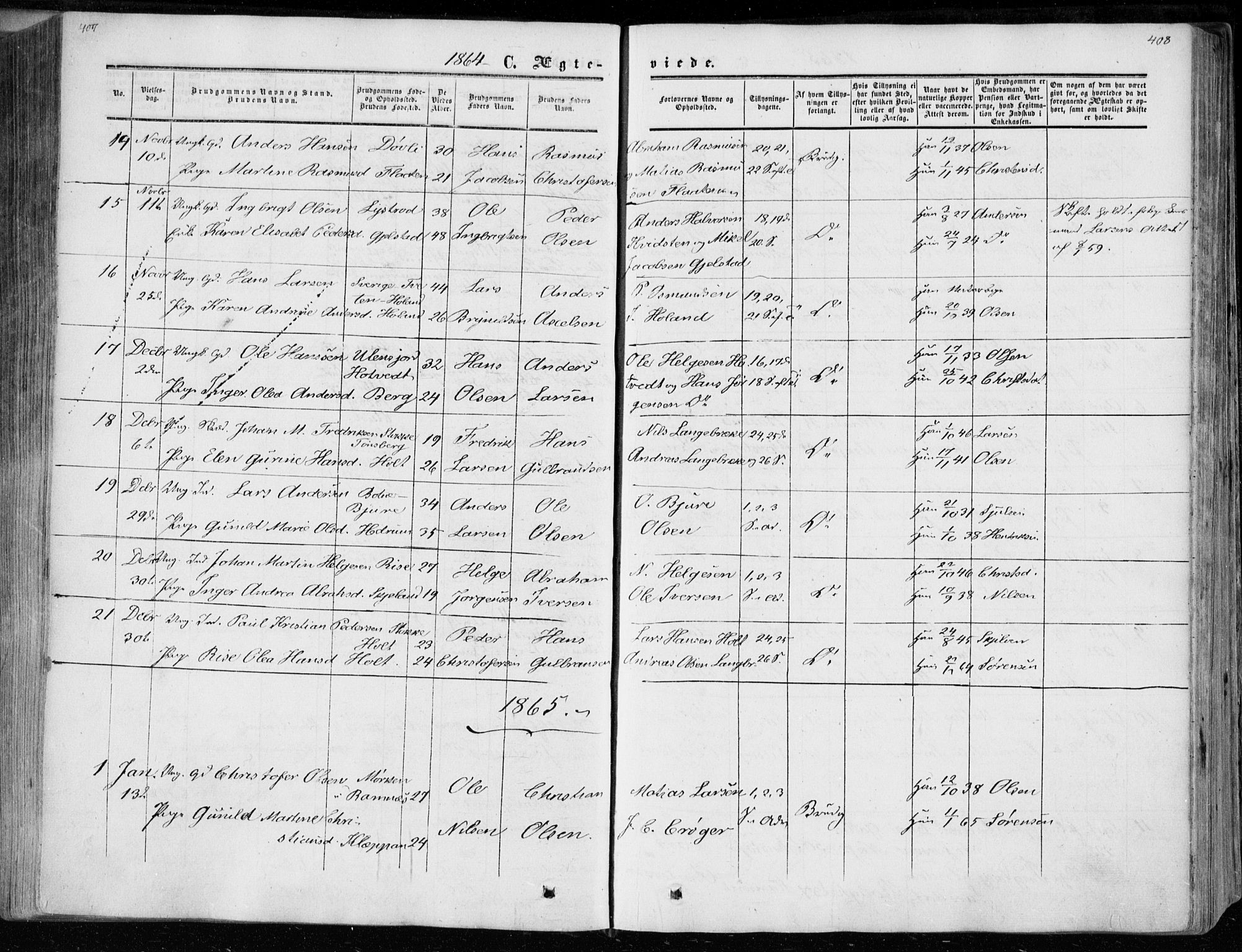 Andebu kirkebøker, SAKO/A-336/F/Fa/L0005: Parish register (official) no. 5, 1857-1870, p. 407-408