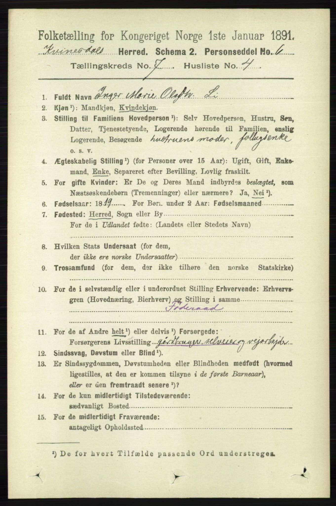 RA, 1891 census for 1037 Kvinesdal, 1891, p. 2444