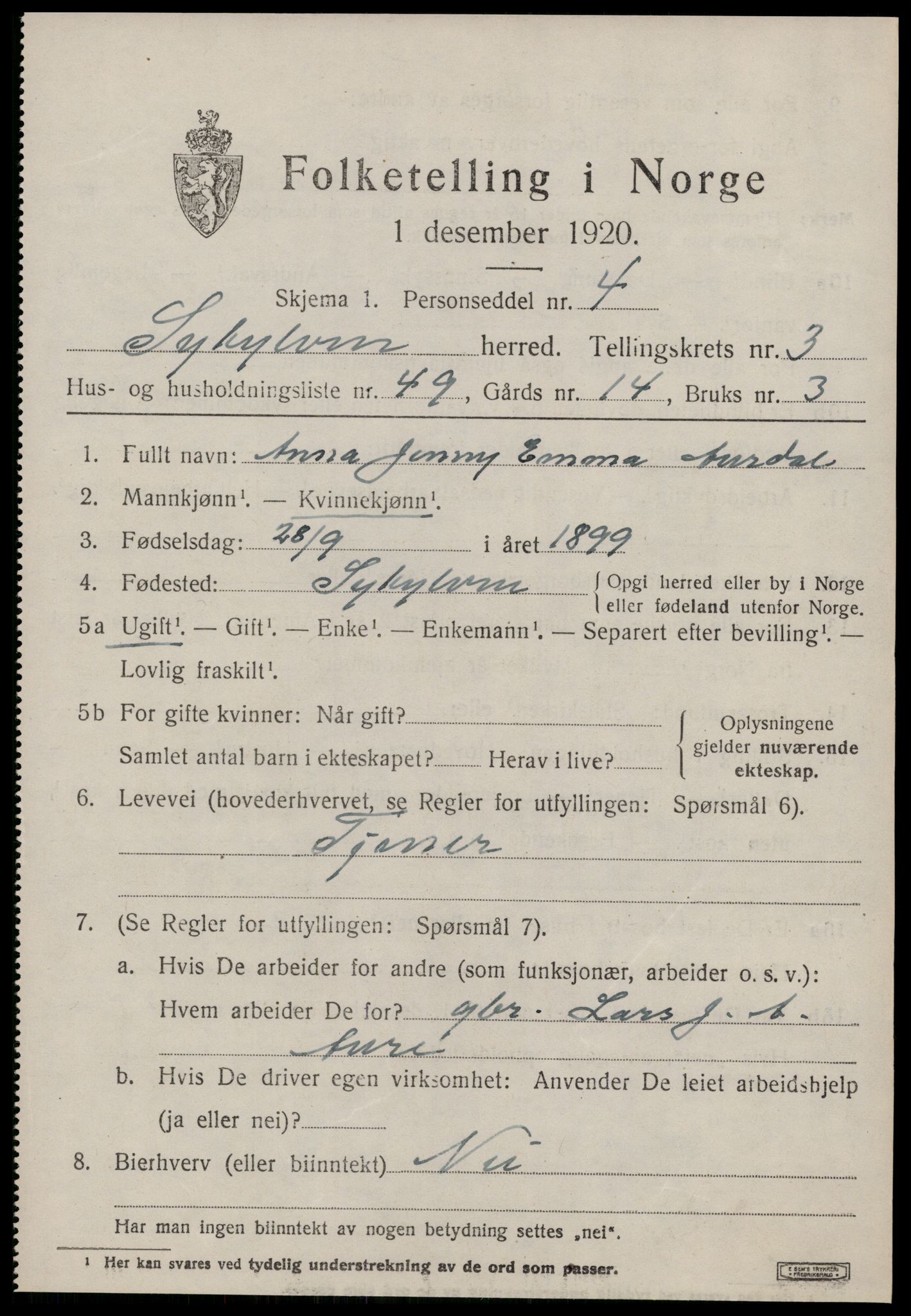 SAT, 1920 census for Sykkylven, 1920, p. 2717