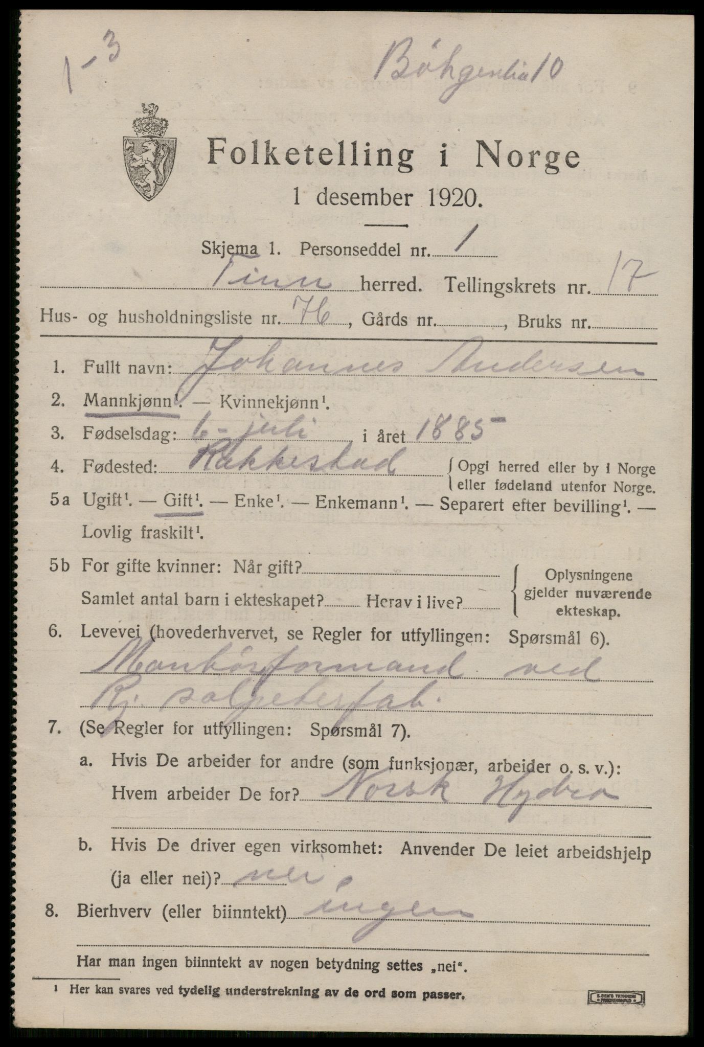 SAKO, 1920 census for Tinn, 1920, p. 20398