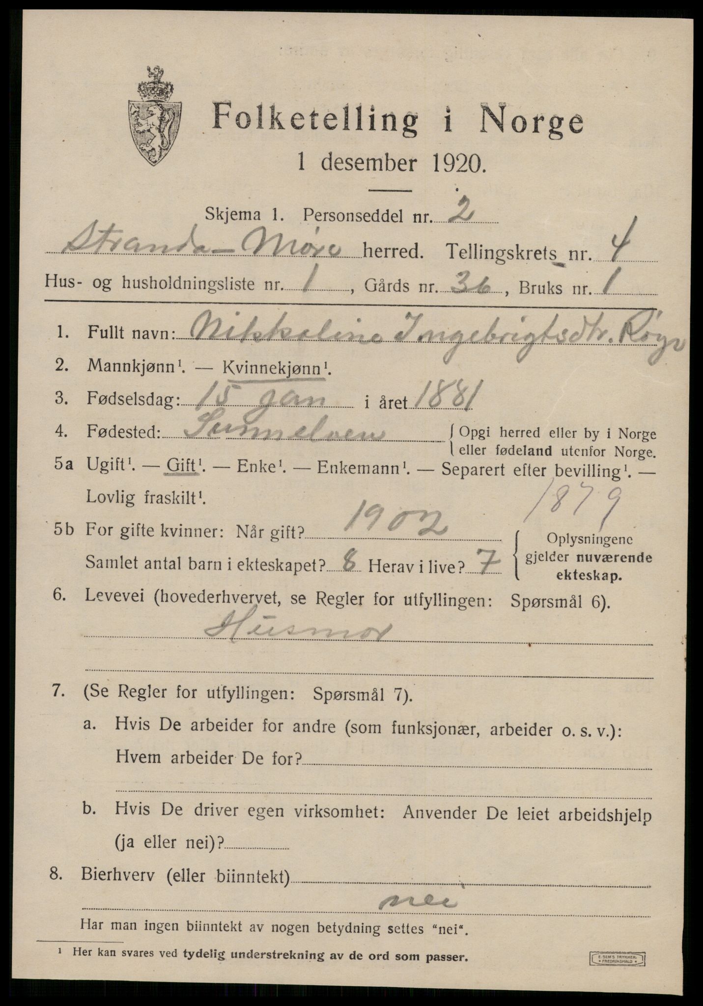 SAT, 1920 census for Stranda, 1920, p. 2423