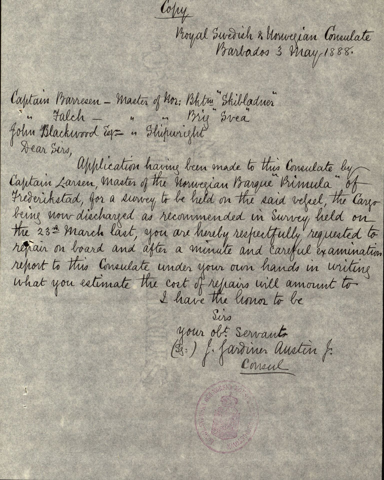 Pa 63 - Østlandske skibsassuranceforening, VEMU/A-1079/G/Ga/L0021/0003: Havaridokumenter / Inga av Drammen, Inga av Sandefjord, Primula, 1888-1889, p. 154