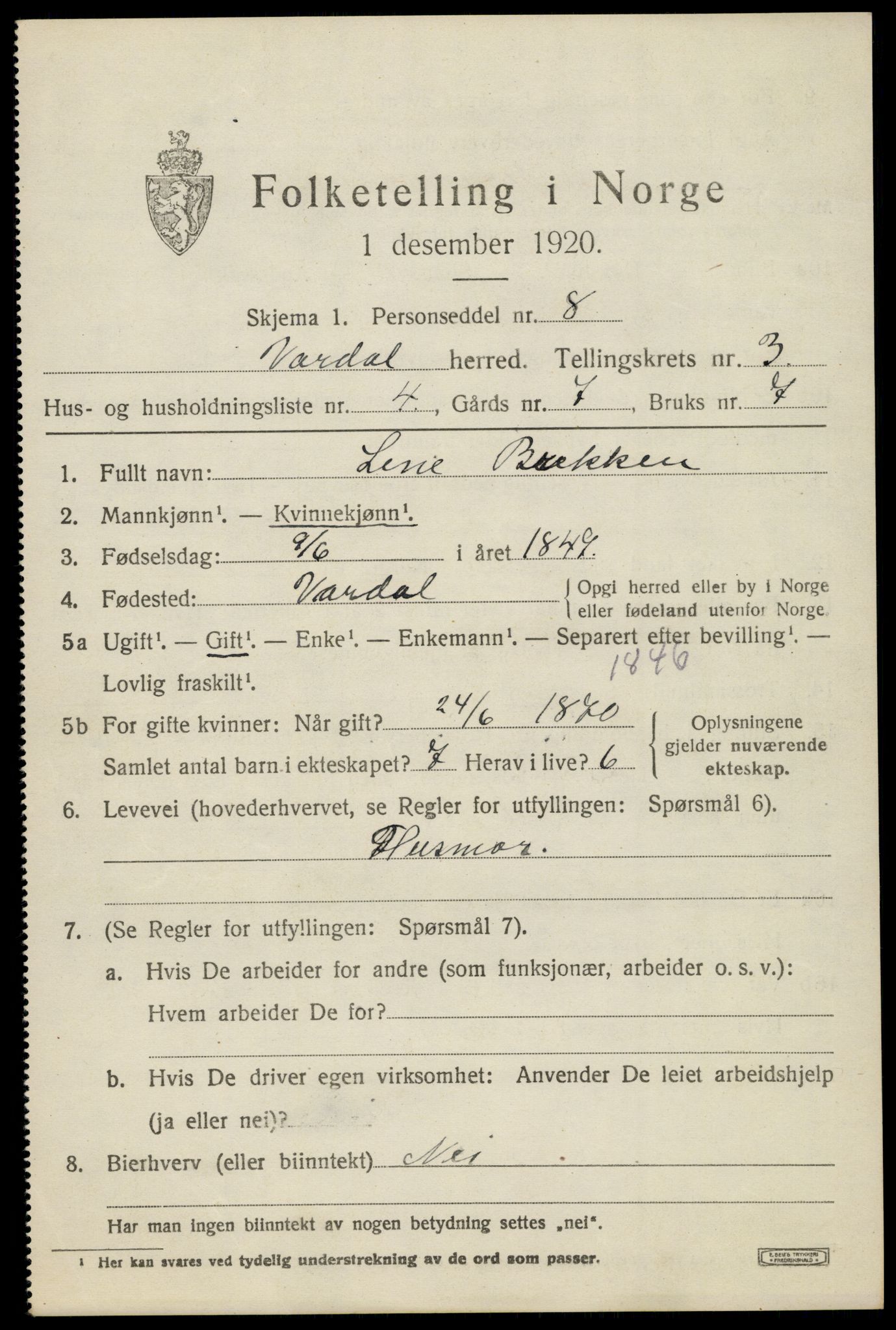 SAH, 1920 census for Vardal, 1920, p. 2715