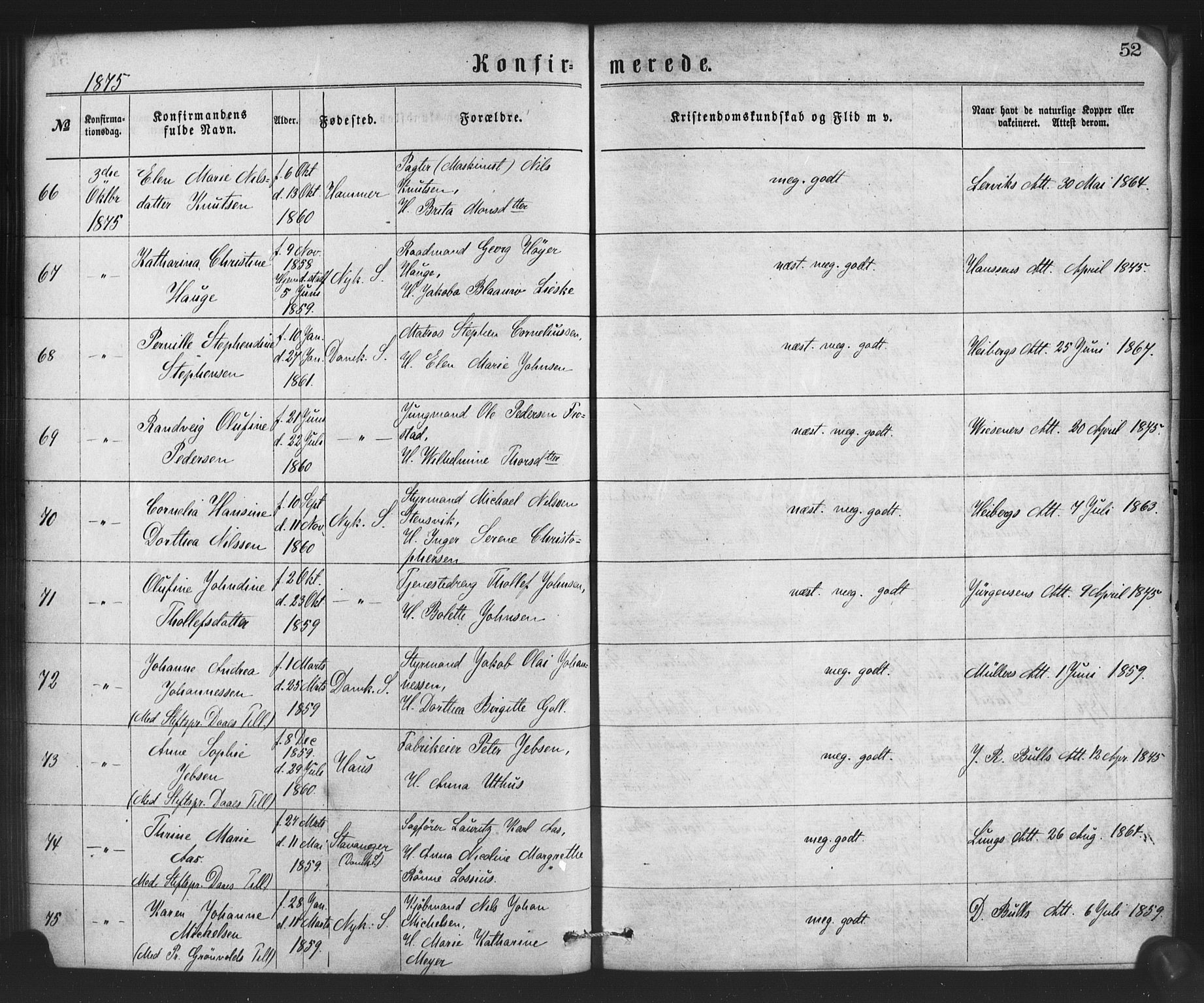 Nykirken Sokneprestembete, SAB/A-77101/H/Haa/L0026: Parish register (official) no. C 5, 1870-1886, p. 52