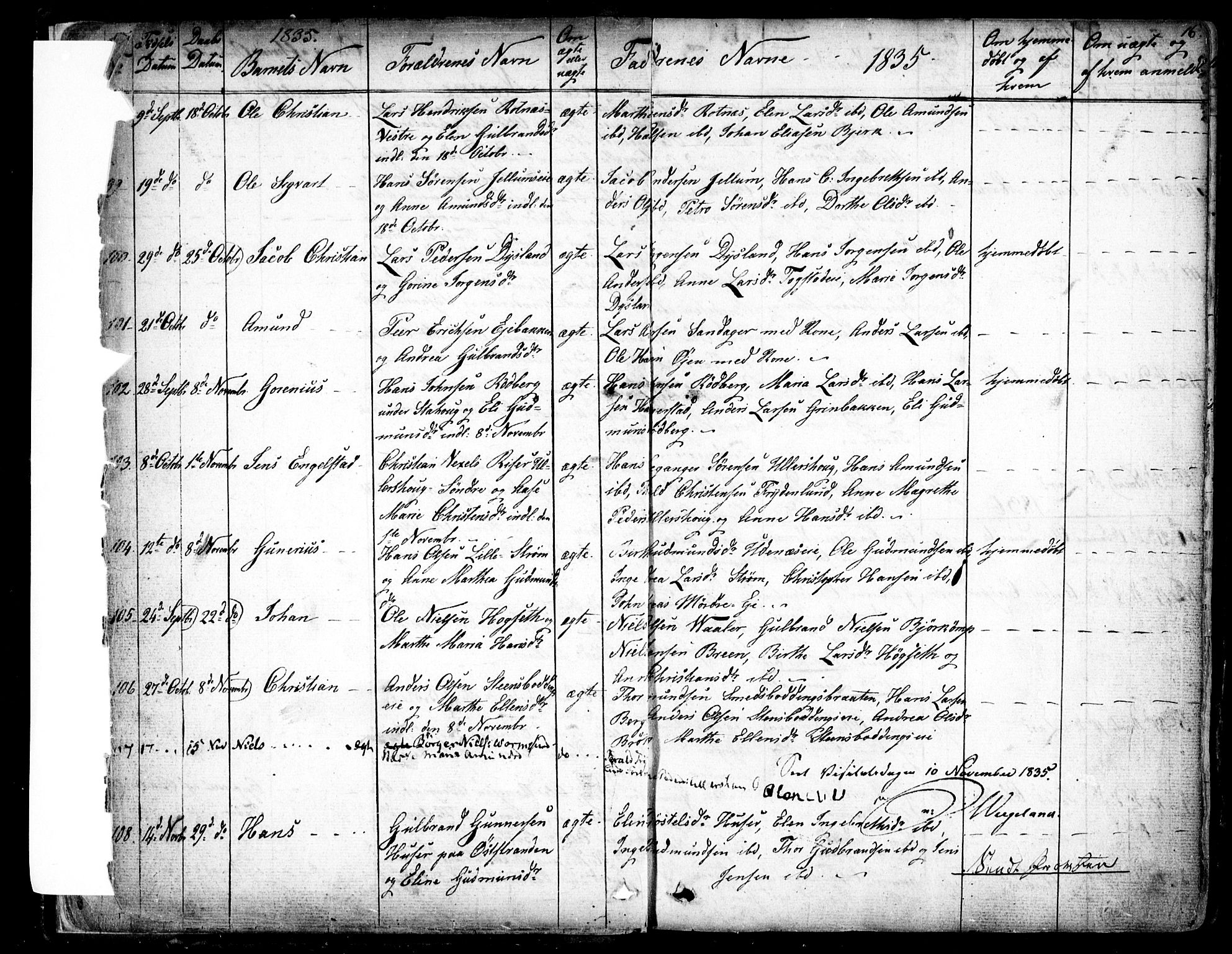 Nes prestekontor Kirkebøker, AV/SAO-A-10410/F/Fa/L0006: Parish register (official) no. I 6, 1833-1845, p. 16