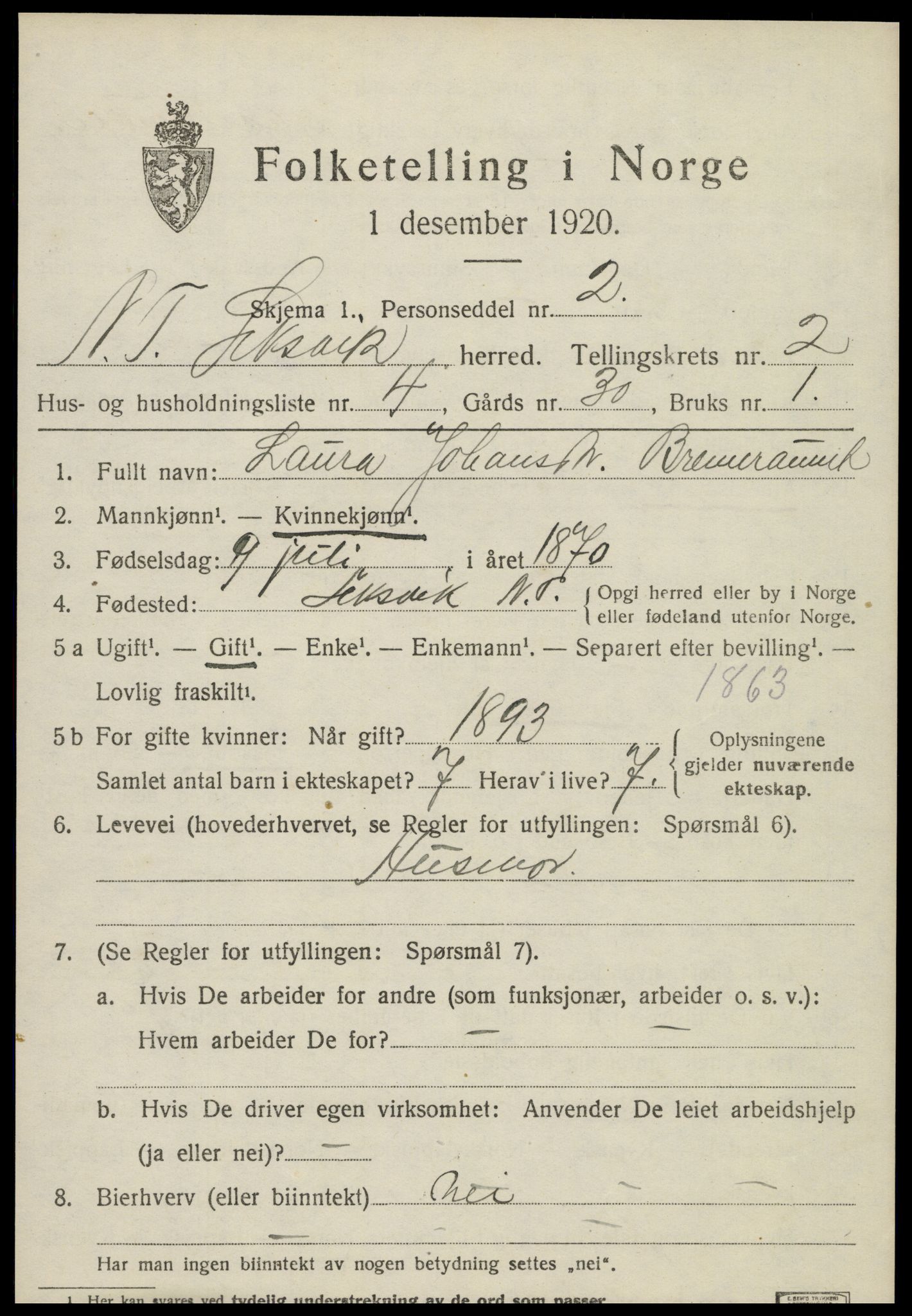 SAT, 1920 census for Leksvik, 1920, p. 1858