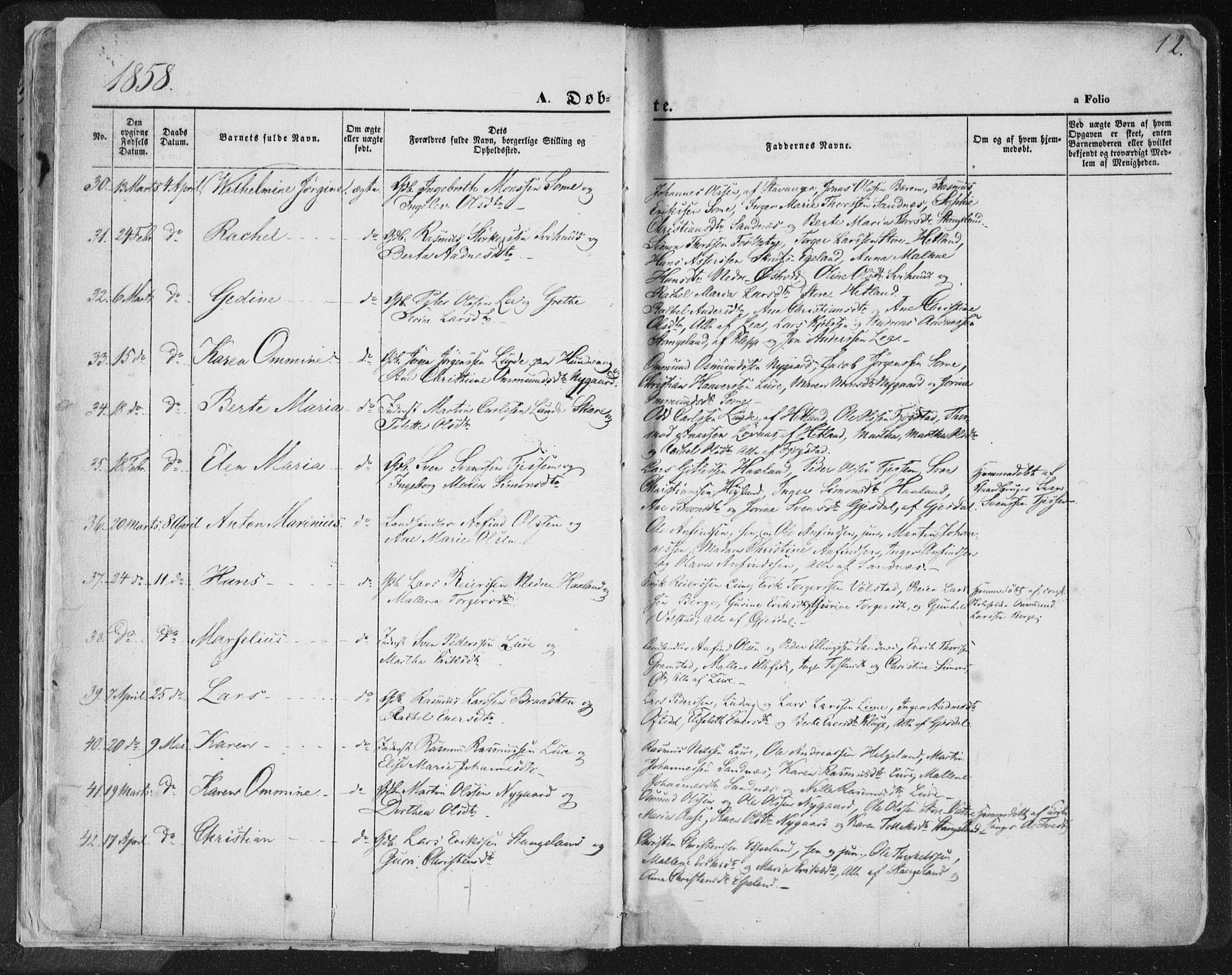 Høyland sokneprestkontor, SAST/A-101799/001/30BA/L0010: Parish register (official) no. A 9.1, 1857-1877, p. 12