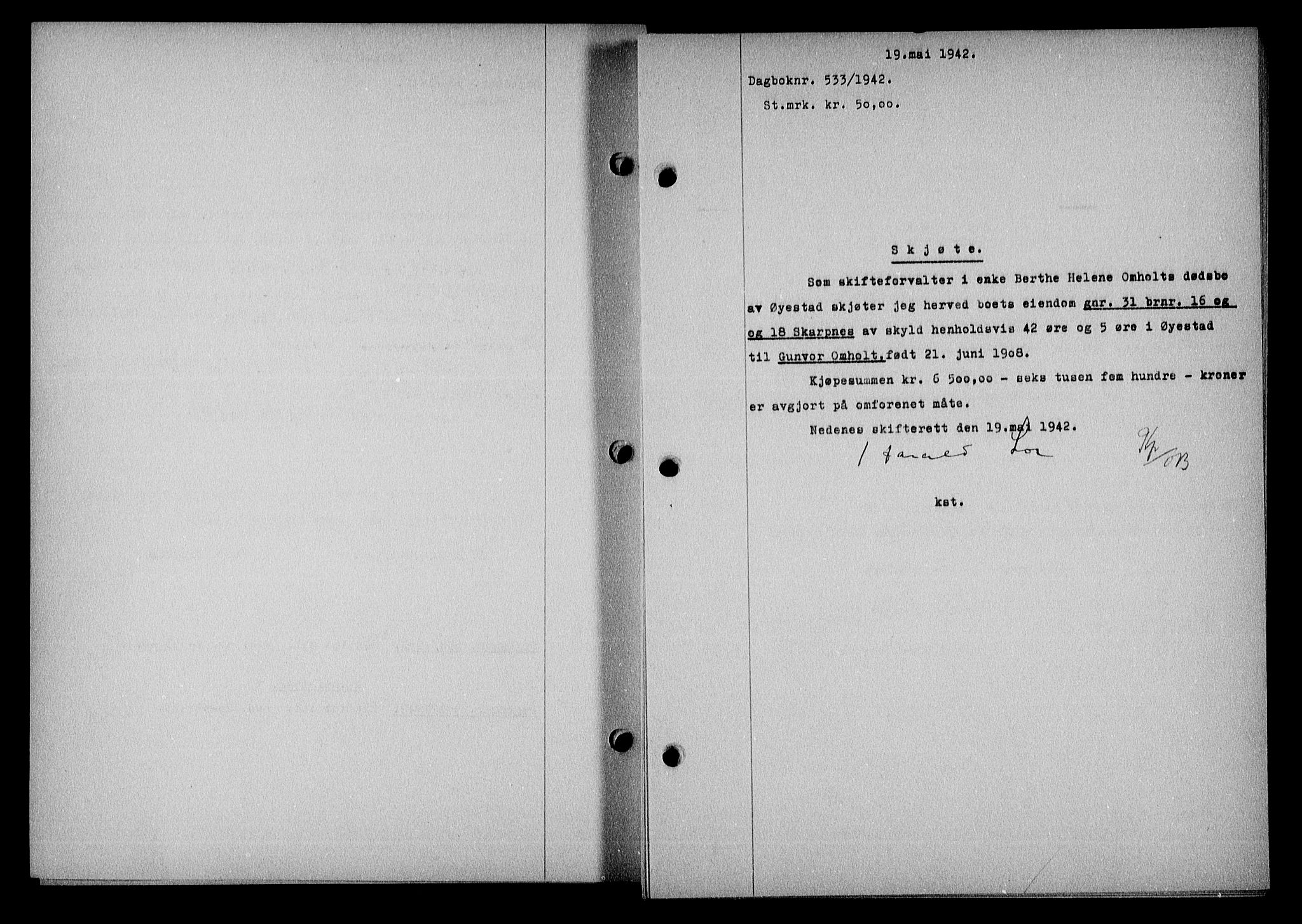 Nedenes sorenskriveri, SAK/1221-0006/G/Gb/Gba/L0049: Mortgage book no. A-III, 1941-1942, Diary no: : 533/1942