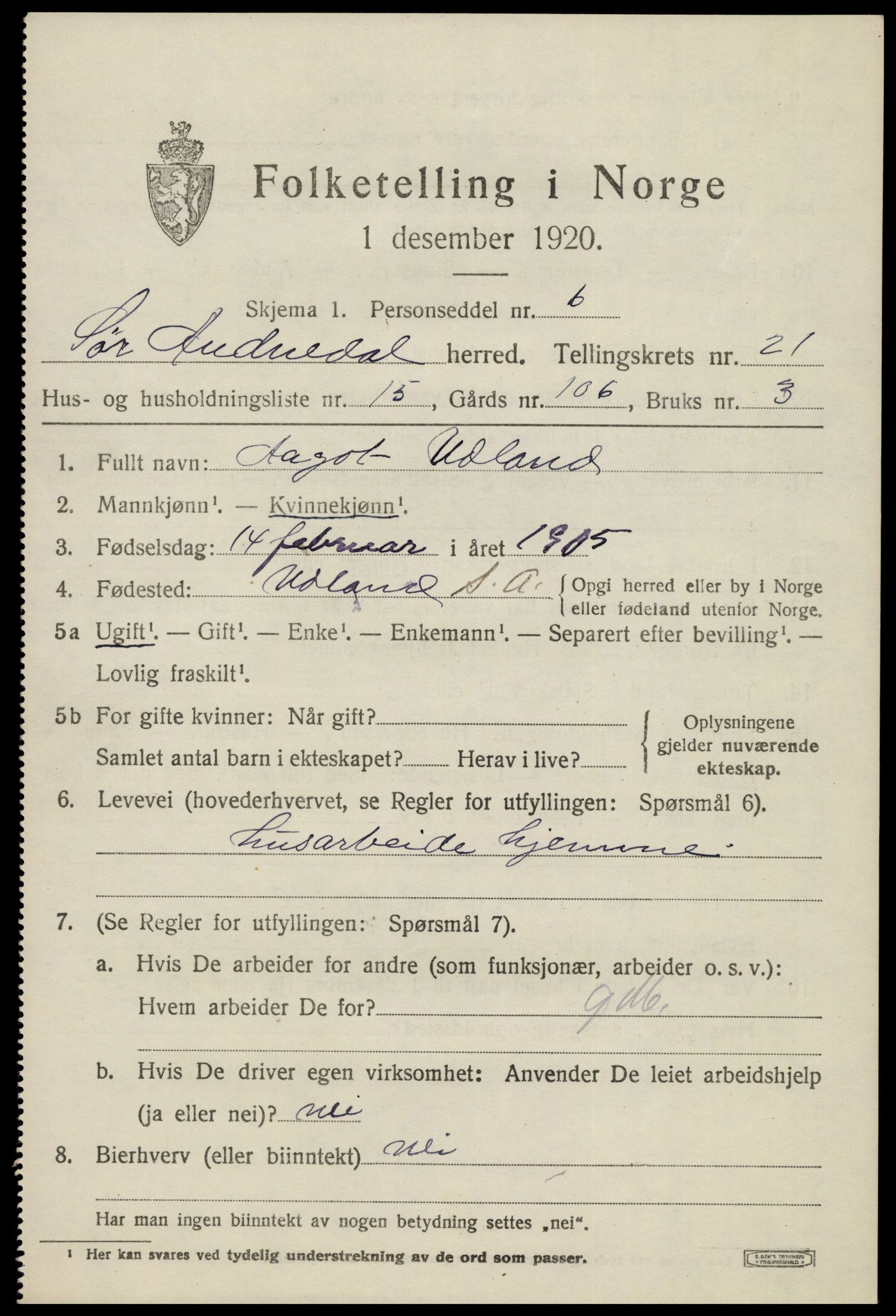 SAK, 1920 census for Sør-Audnedal, 1920, p. 7031