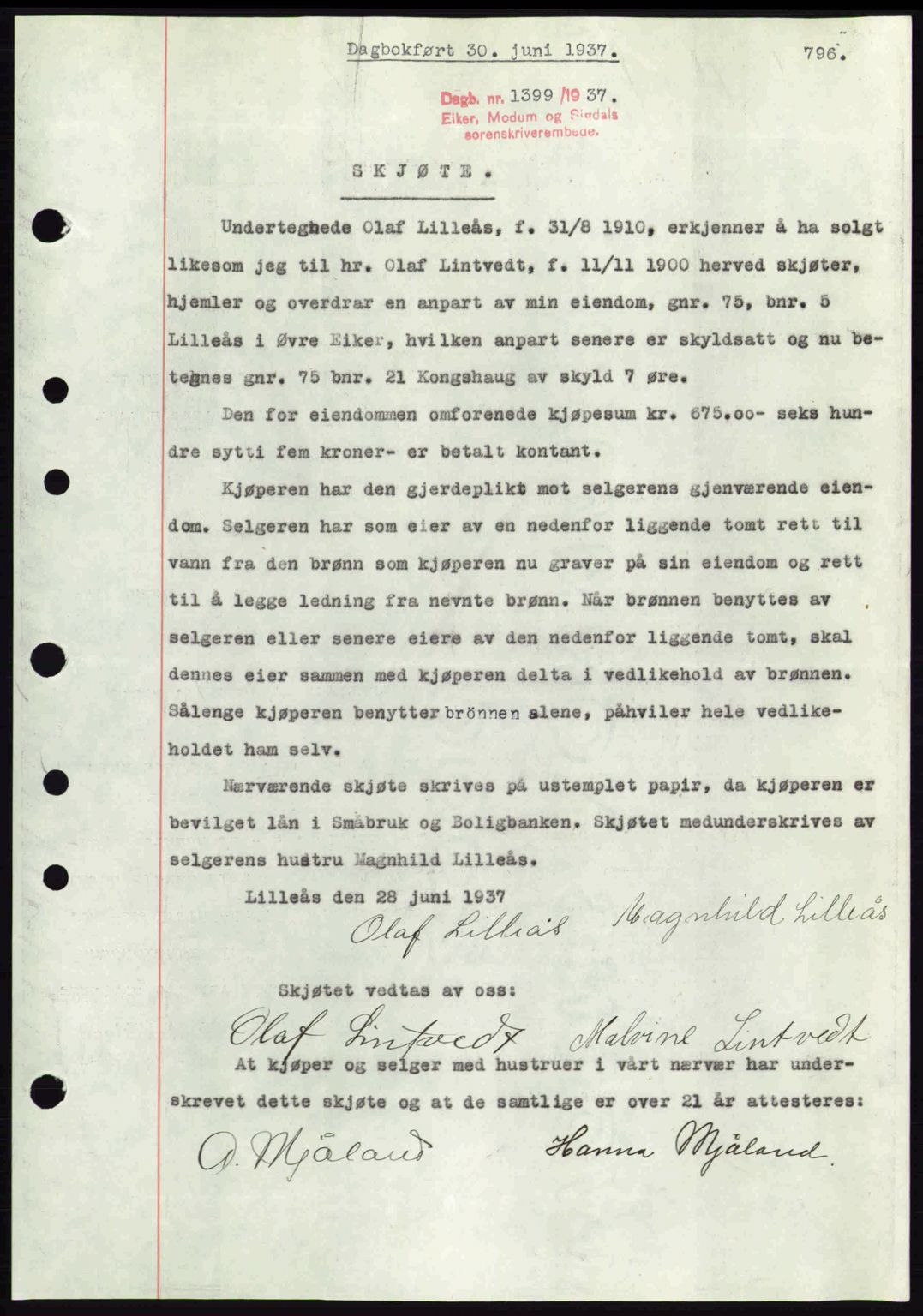 Eiker, Modum og Sigdal sorenskriveri, SAKO/A-123/G/Ga/Gab/L0035: Mortgage book no. A5, 1937-1937, Diary no: : 1399/1937