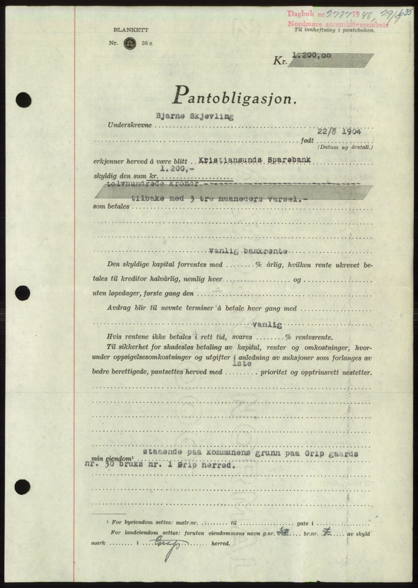 Nordmøre sorenskriveri, AV/SAT-A-4132/1/2/2Ca: Mortgage book no. B99, 1948-1948, Diary no: : 2737/1948