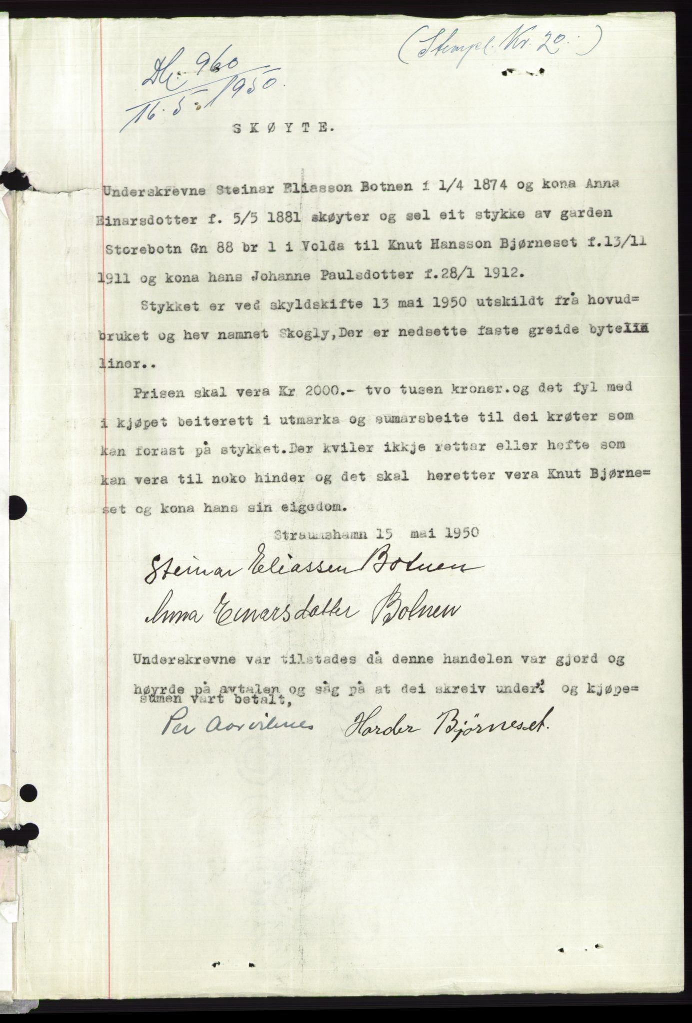 Søre Sunnmøre sorenskriveri, AV/SAT-A-4122/1/2/2C/L0086: Mortgage book no. 12A, 1949-1950, Diary no: : 960/1950