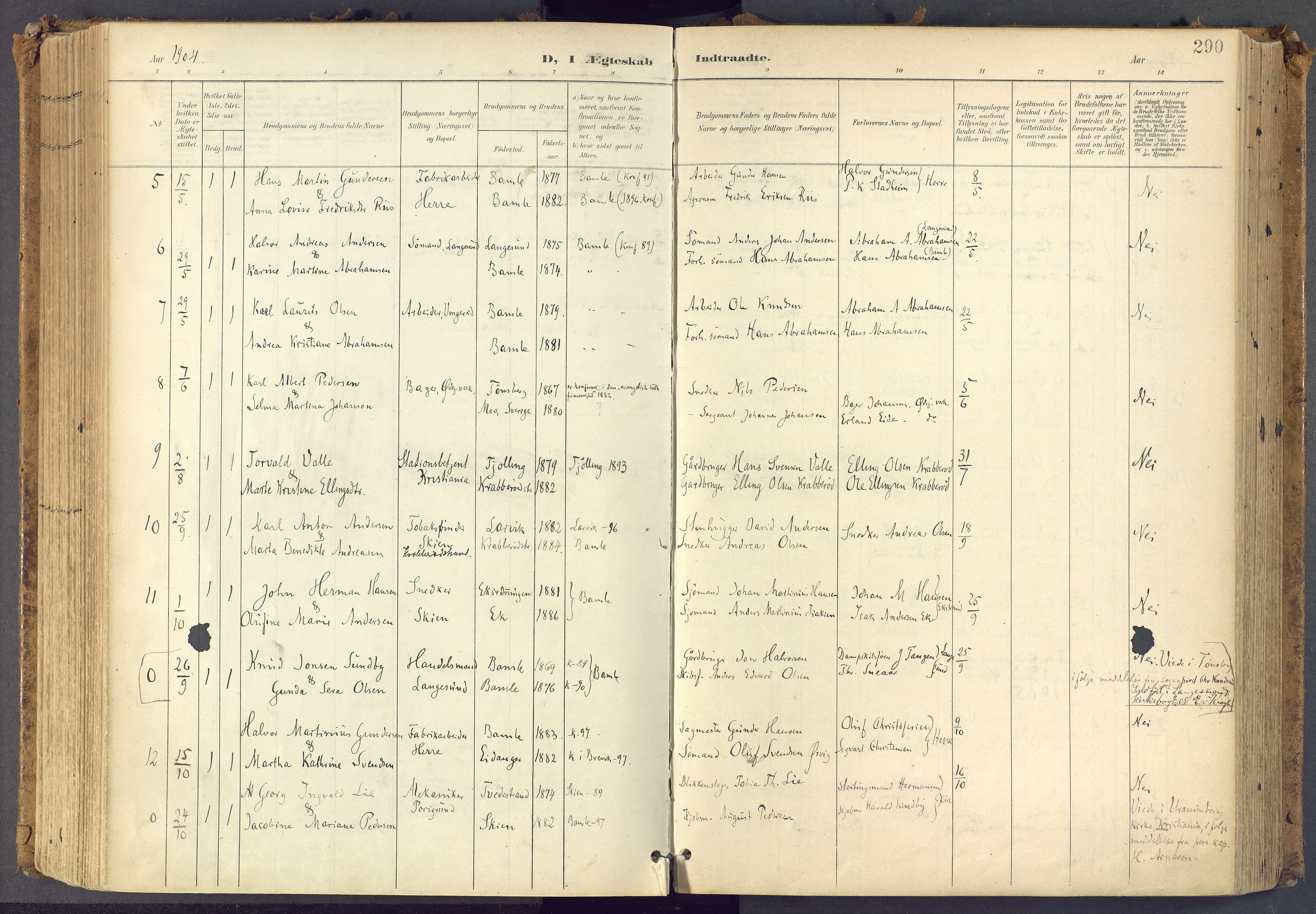 Bamble kirkebøker, SAKO/A-253/F/Fa/L0009: Parish register (official) no. I 9, 1901-1917, p. 290