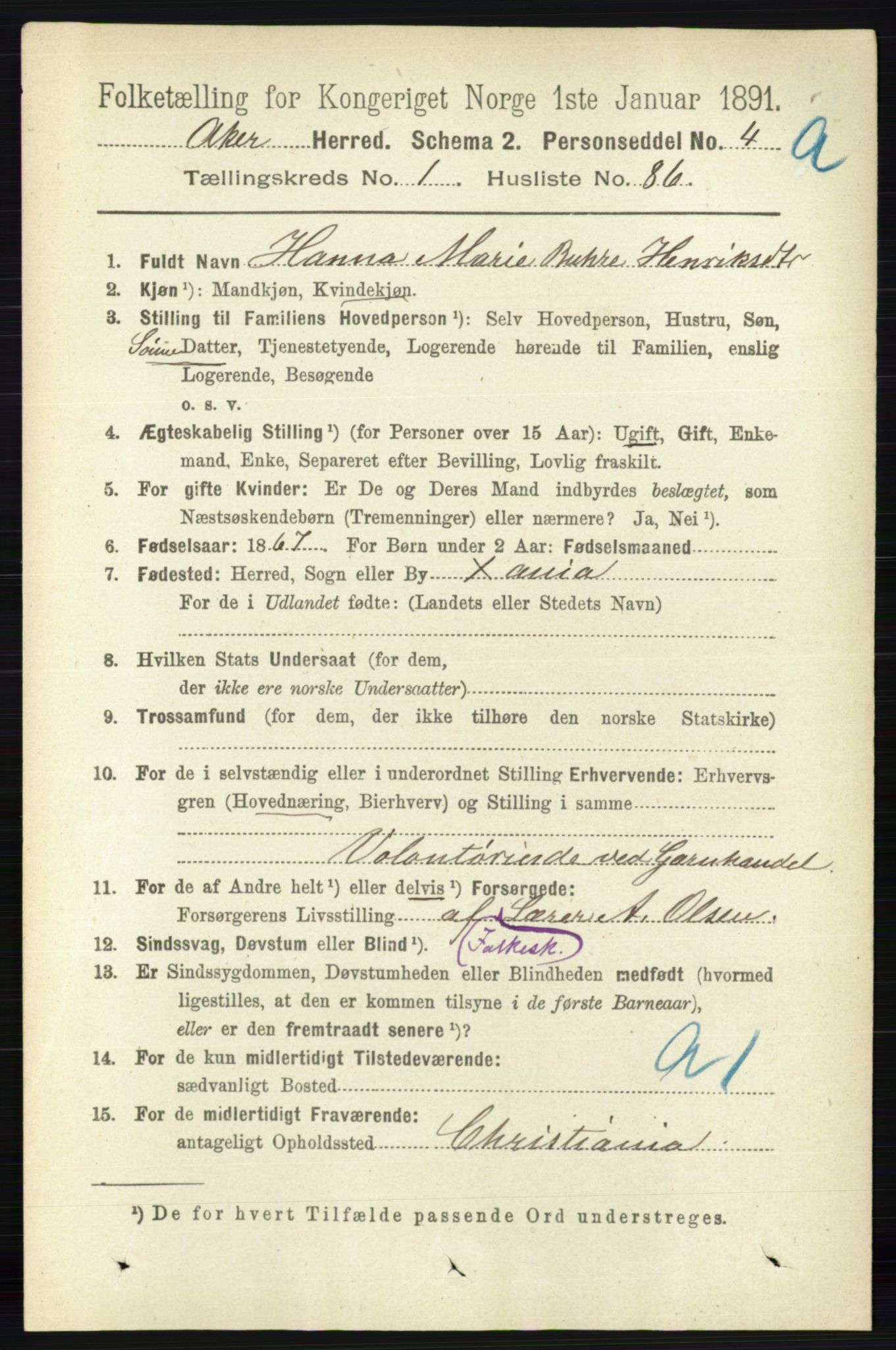 RA, 1891 census for 0218 Aker, 1891, p. 1172