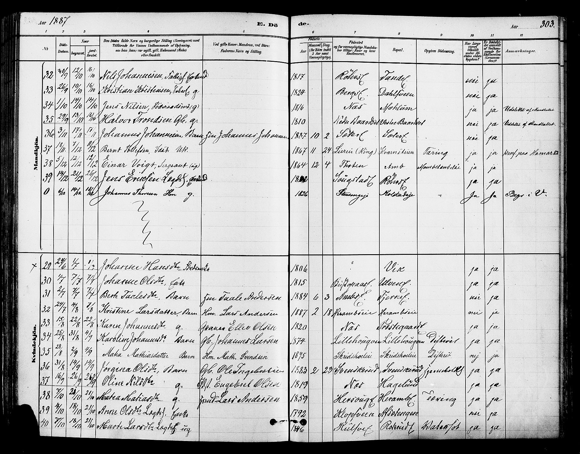 Ringsaker prestekontor, AV/SAH-PREST-014/K/Ka/L0012: Parish register (official) no. 12, 1879-1890, p. 303