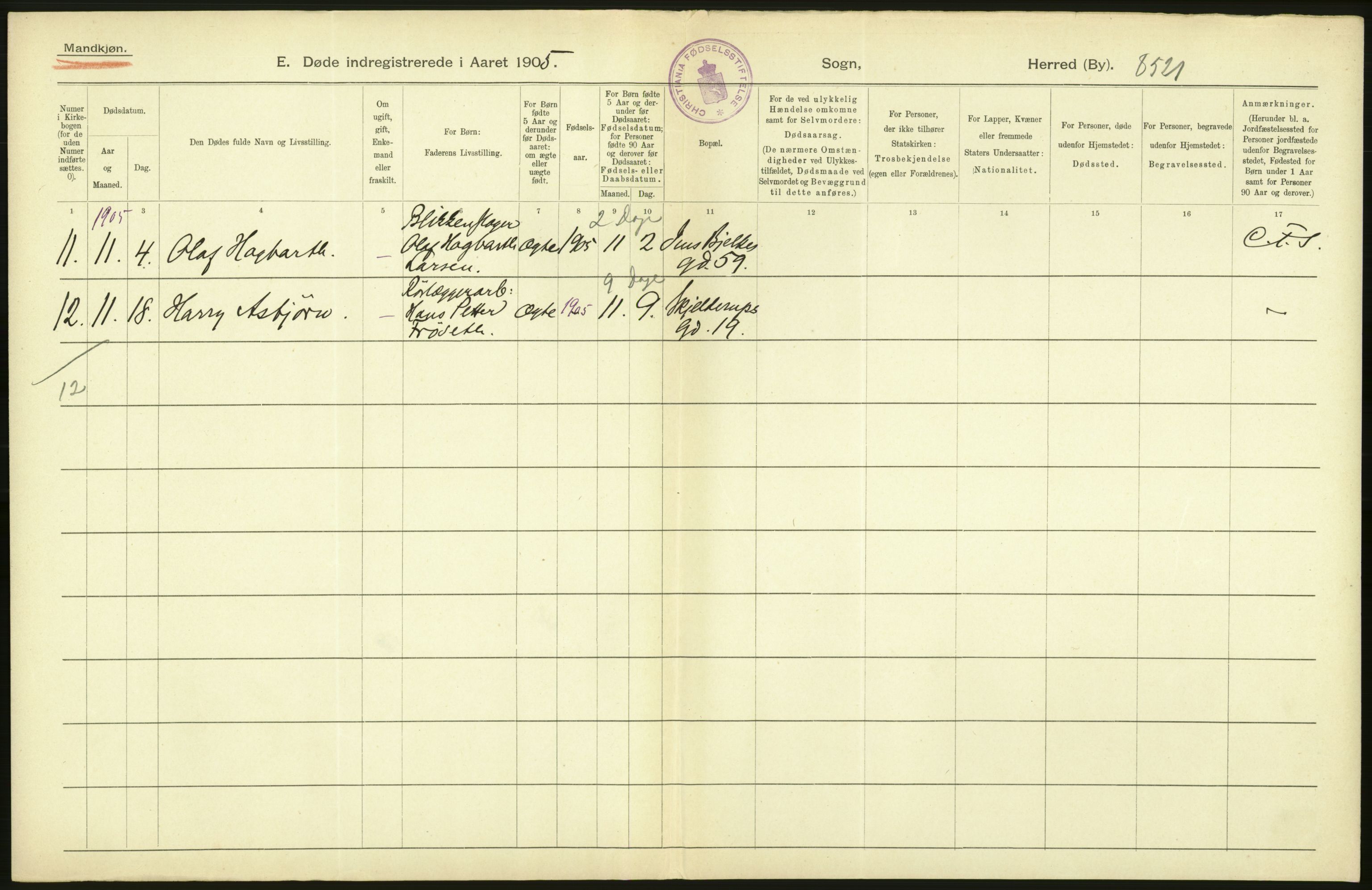 Statistisk sentralbyrå, Sosiodemografiske emner, Befolkning, RA/S-2228/D/Df/Dfa/Dfac/L0007a: Kristiania: Døde, dødfødte., 1905, p. 340