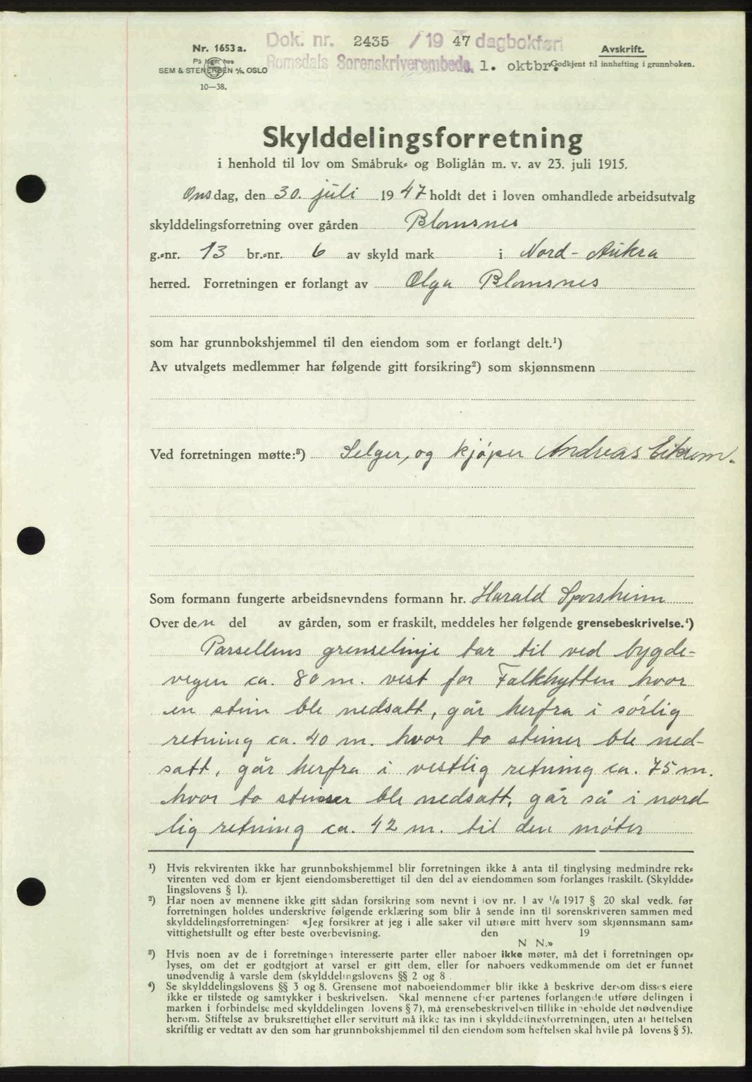 Romsdal sorenskriveri, AV/SAT-A-4149/1/2/2C: Mortgage book no. A24, 1947-1947, Diary no: : 2435/1947