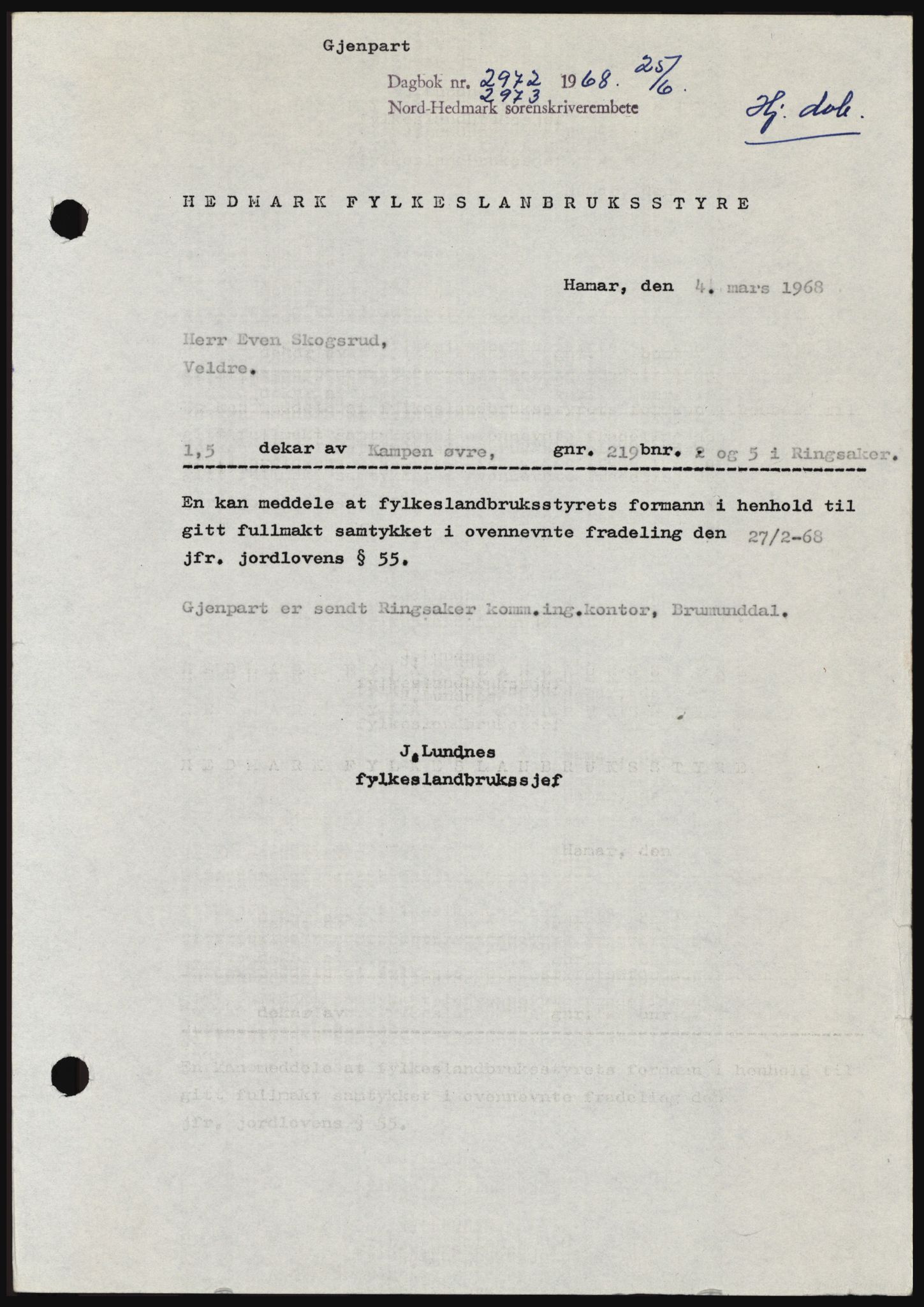 Nord-Hedmark sorenskriveri, SAH/TING-012/H/Hc/L0028: Mortgage book no. 28, 1968-1968, Diary no: : 2972/1968