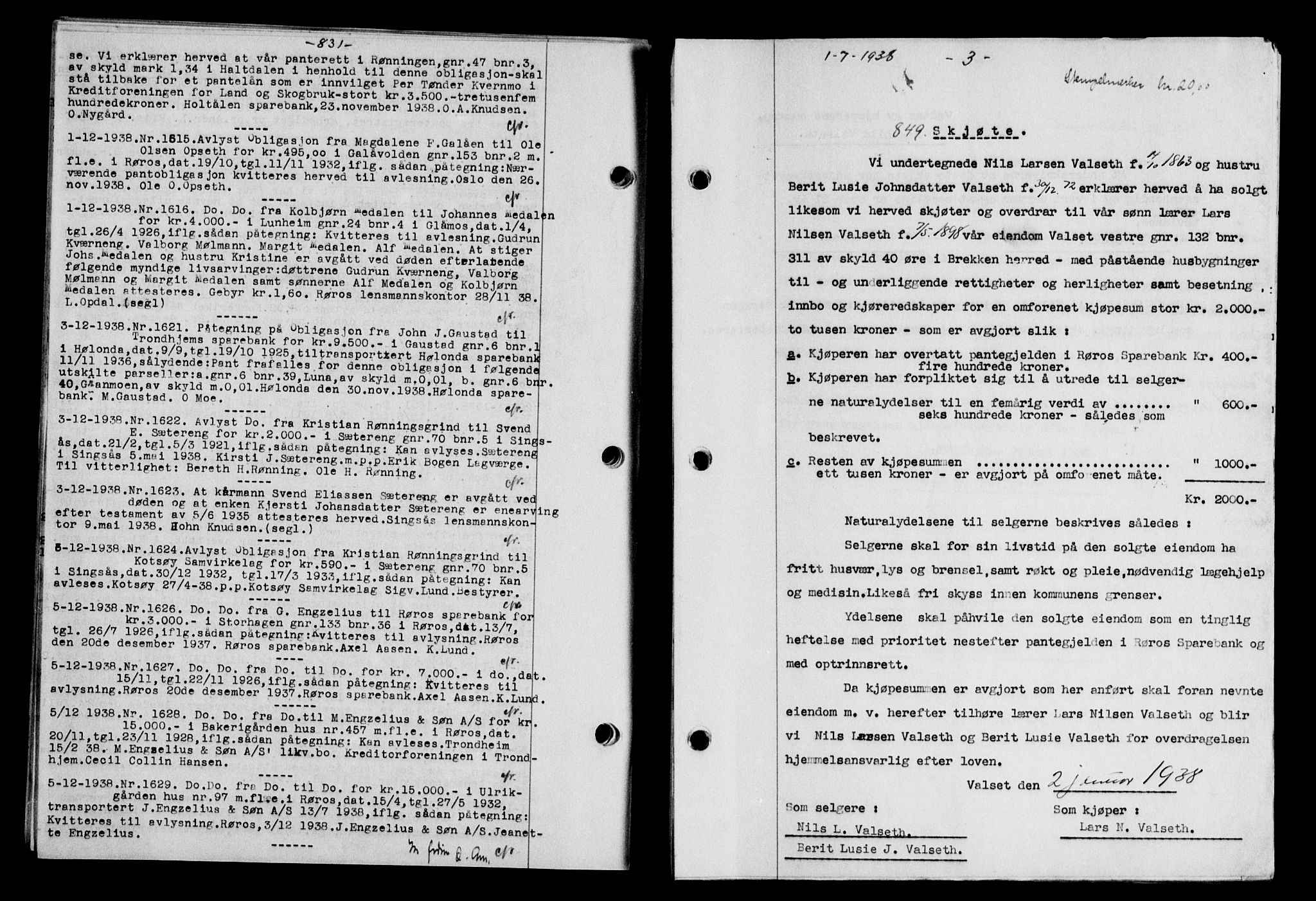 Gauldal sorenskriveri, SAT/A-0014/1/2/2C/L0049: Mortgage book no. 53, 1938-1938, Diary no: : 849/1938
