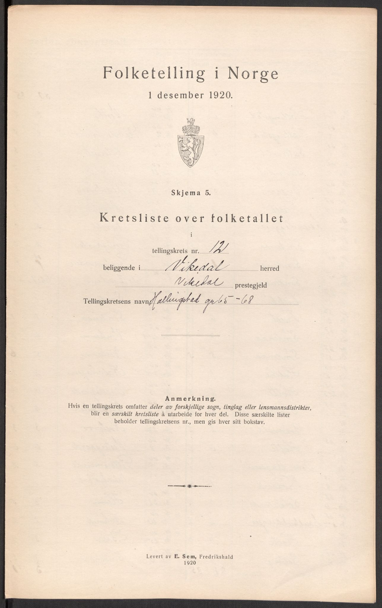 SAST, 1920 census for Vikedal, 1920, p. 105