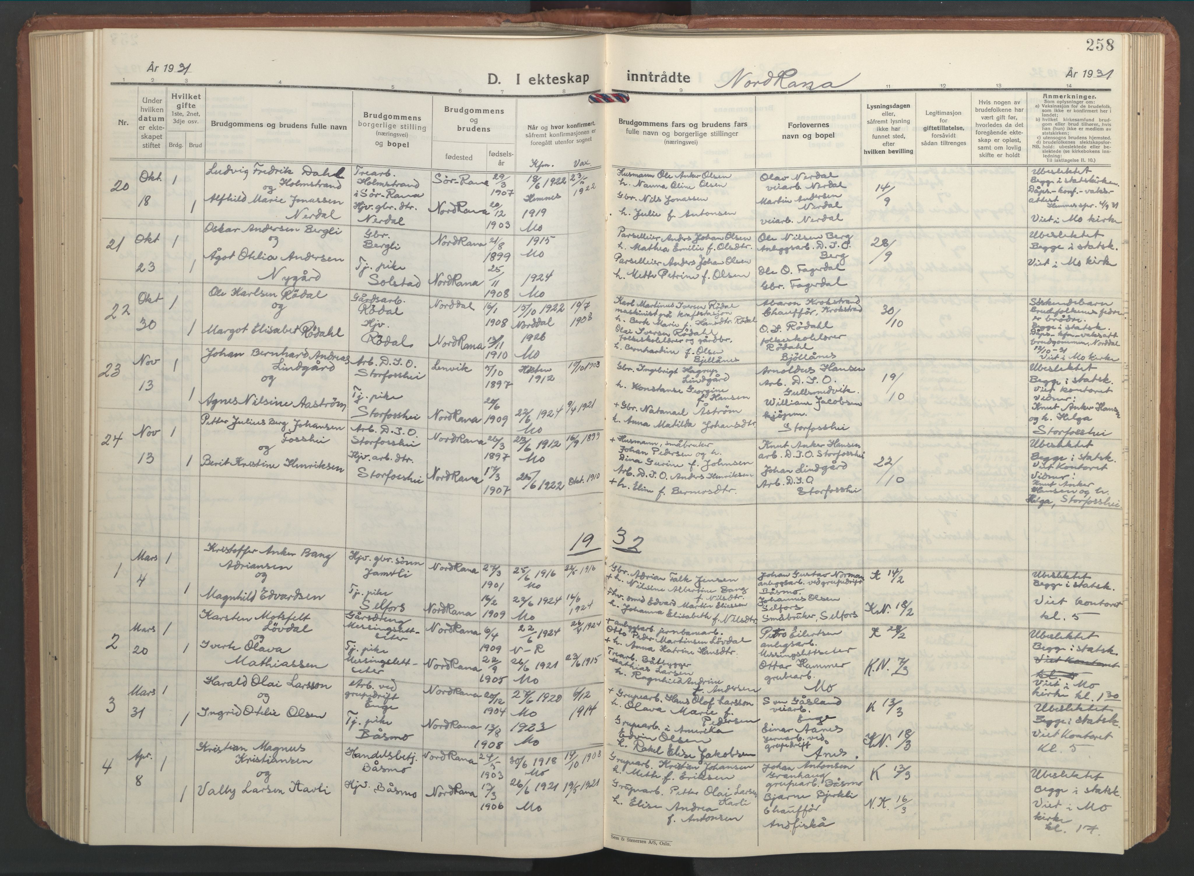 Ministerialprotokoller, klokkerbøker og fødselsregistre - Nordland, SAT/A-1459/827/L0425: Parish register (copy) no. 827C14, 1931-1946, p. 258