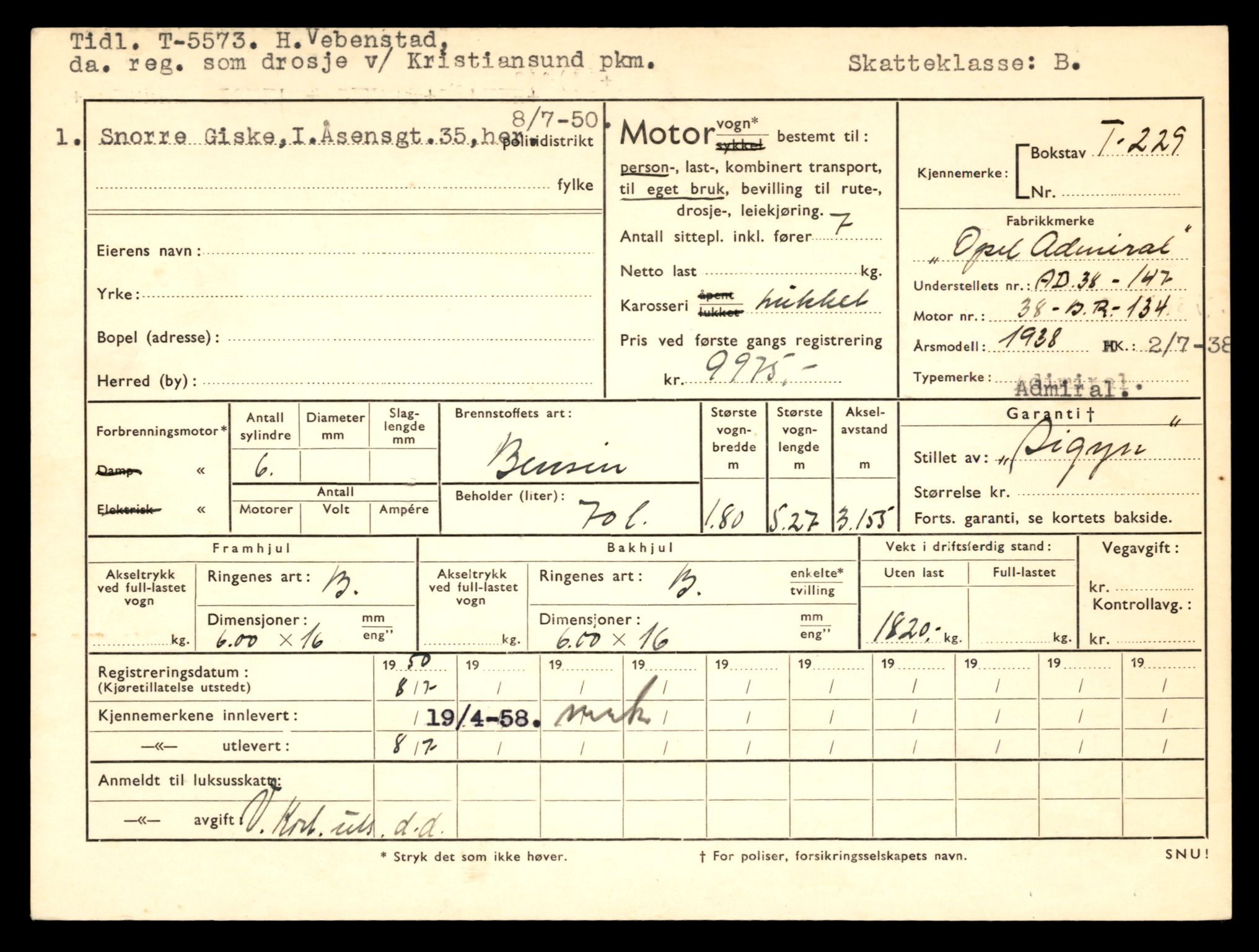 Møre og Romsdal vegkontor - Ålesund trafikkstasjon, SAT/A-4099/F/Fe/L0002: Registreringskort for kjøretøy T 128 - T 231, 1927-1998, p. 2910