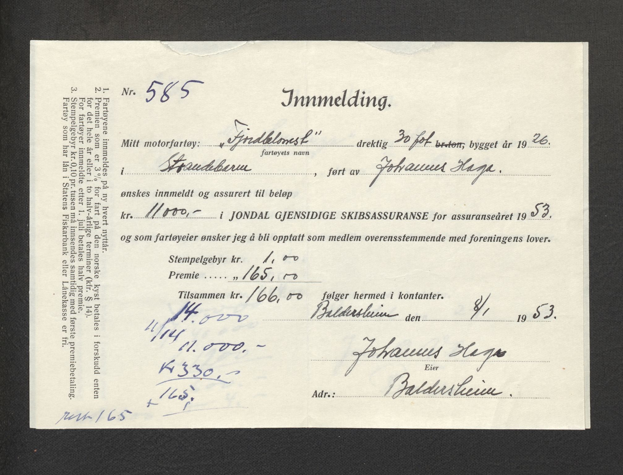 Jondal Skipsassuranseforening, SAB/SAB/PA-0276/E/L0120: Korrespondanse , 1953