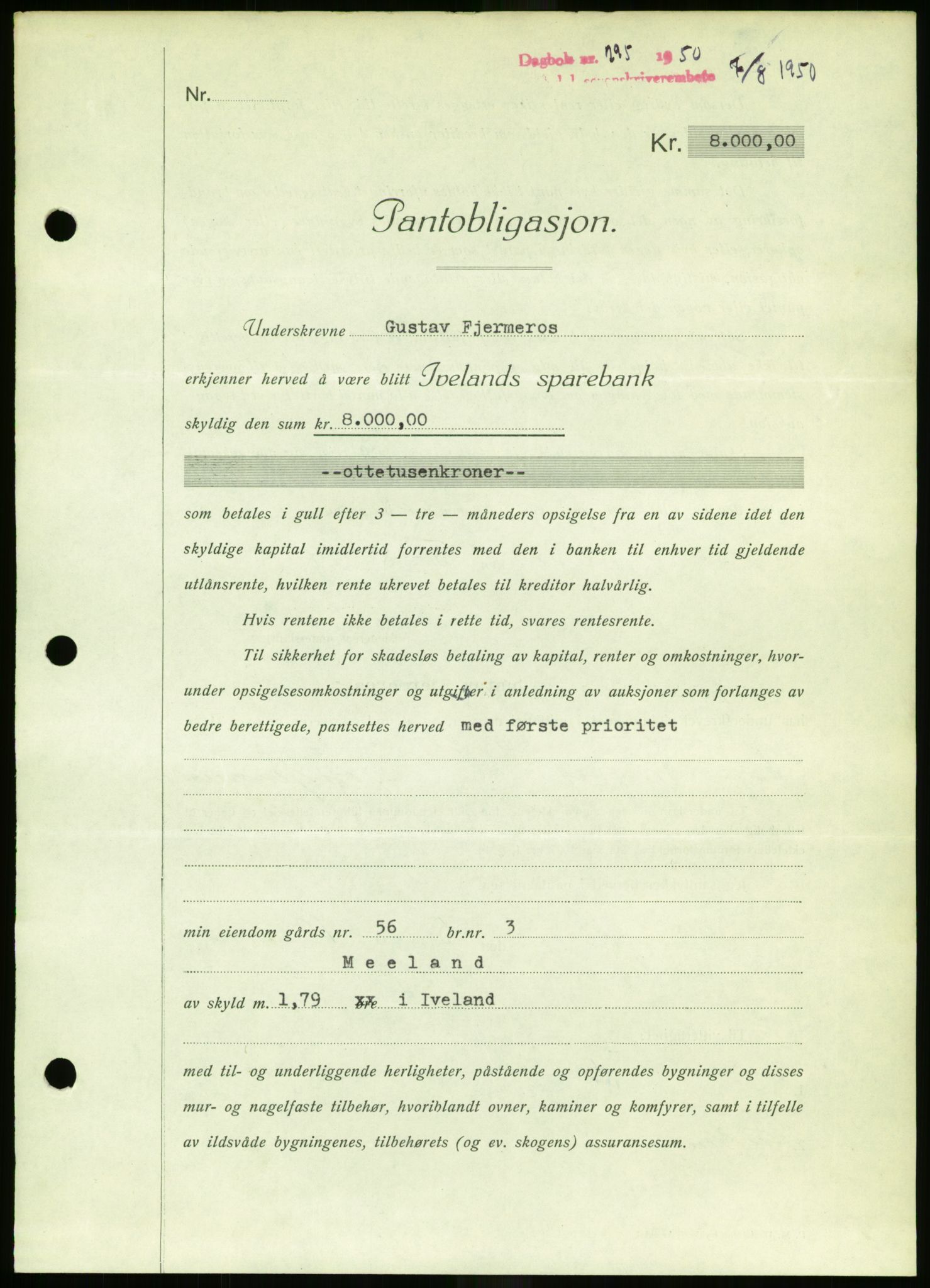 Setesdal sorenskriveri, SAK/1221-0011/G/Gb/L0050: Mortgage book no. B 38, 1949-1952, Diary no: : 295/1950