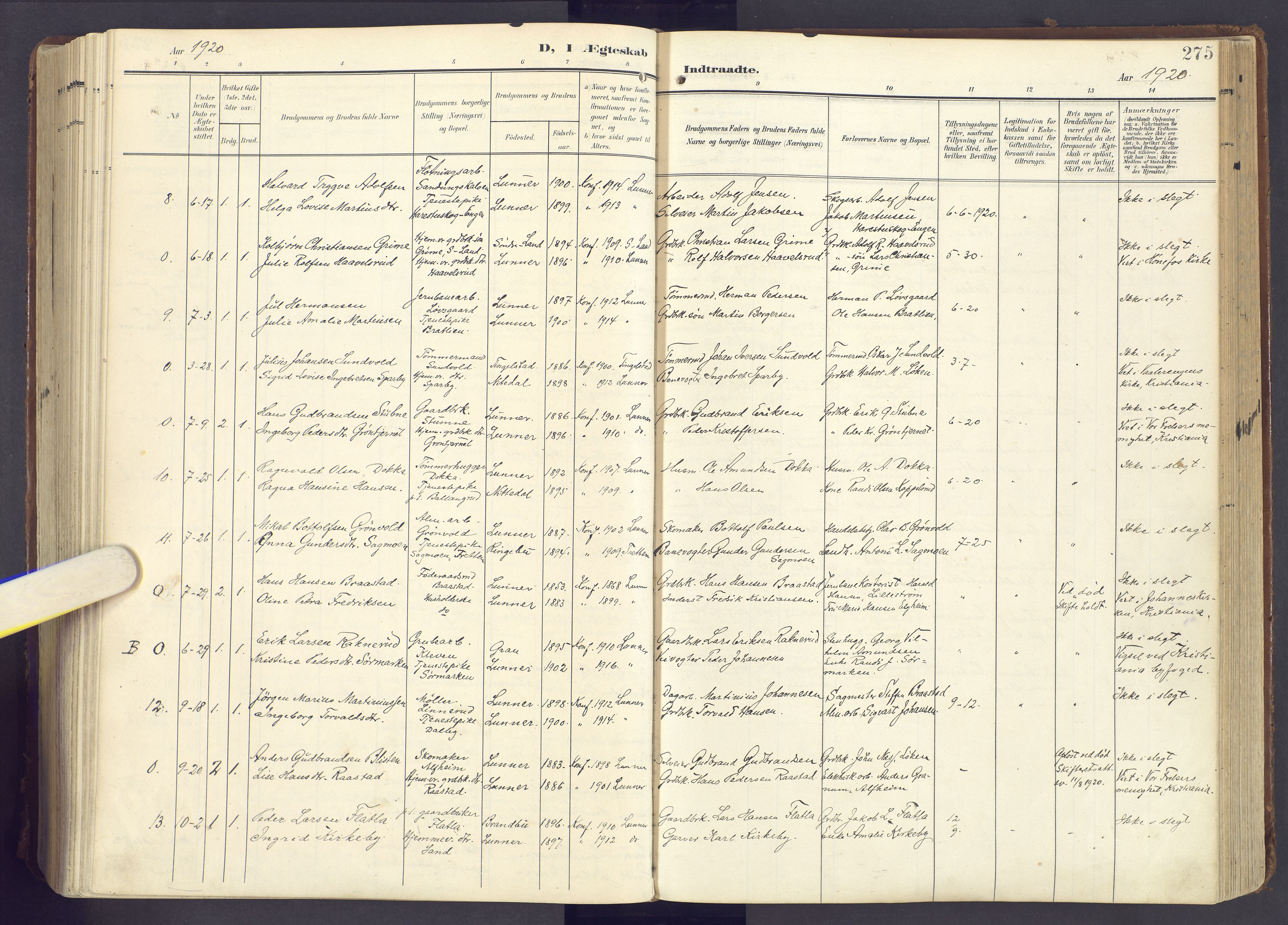 Lunner prestekontor, SAH/PREST-118/H/Ha/Haa/L0001: Parish register (official) no. 1, 1907-1922, p. 275