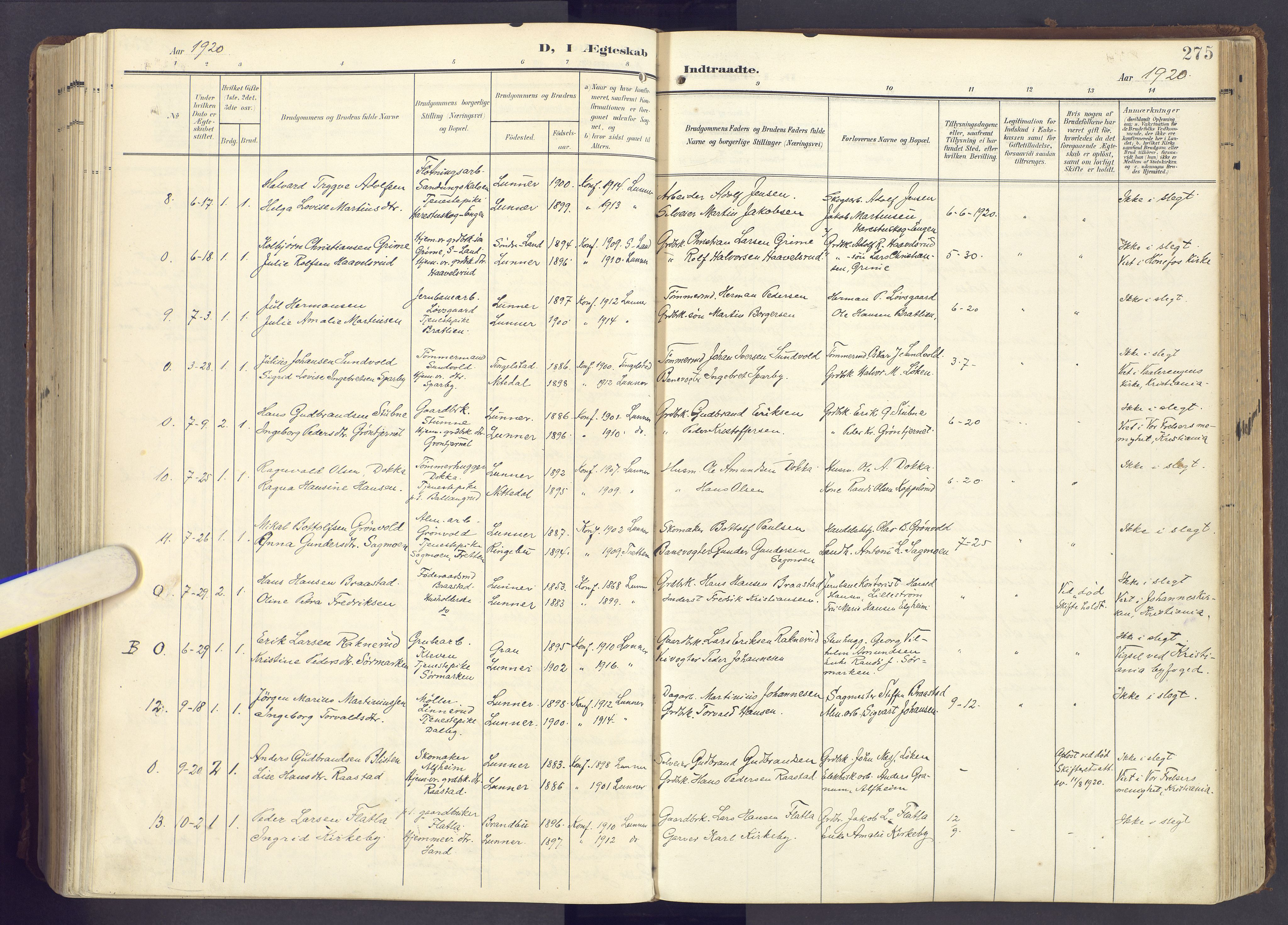 Lunner prestekontor, AV/SAH-PREST-118/H/Ha/Haa/L0001: Parish register (official) no. 1, 1907-1922, p. 275