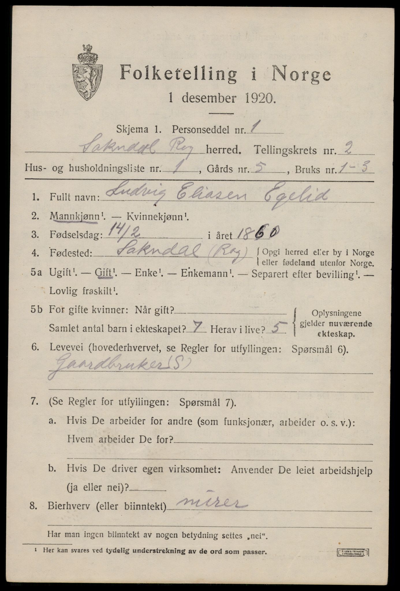SAST, 1920 census for Sokndal, 1920, p. 1701