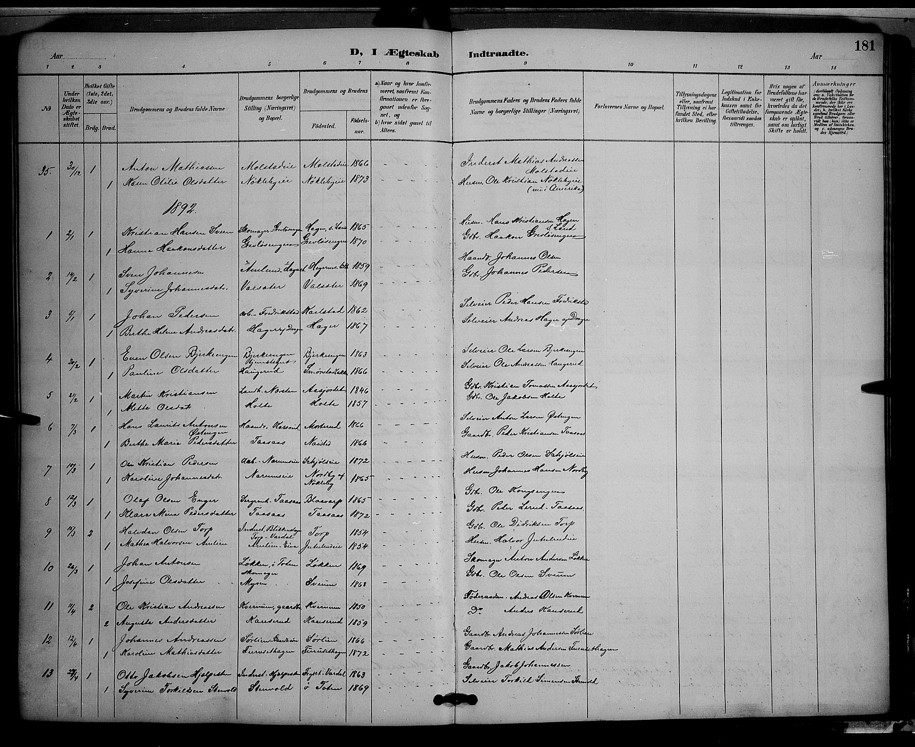 Vestre Toten prestekontor, SAH/PREST-108/H/Ha/Hab/L0009: Parish register (copy) no. 9, 1888-1900, p. 181