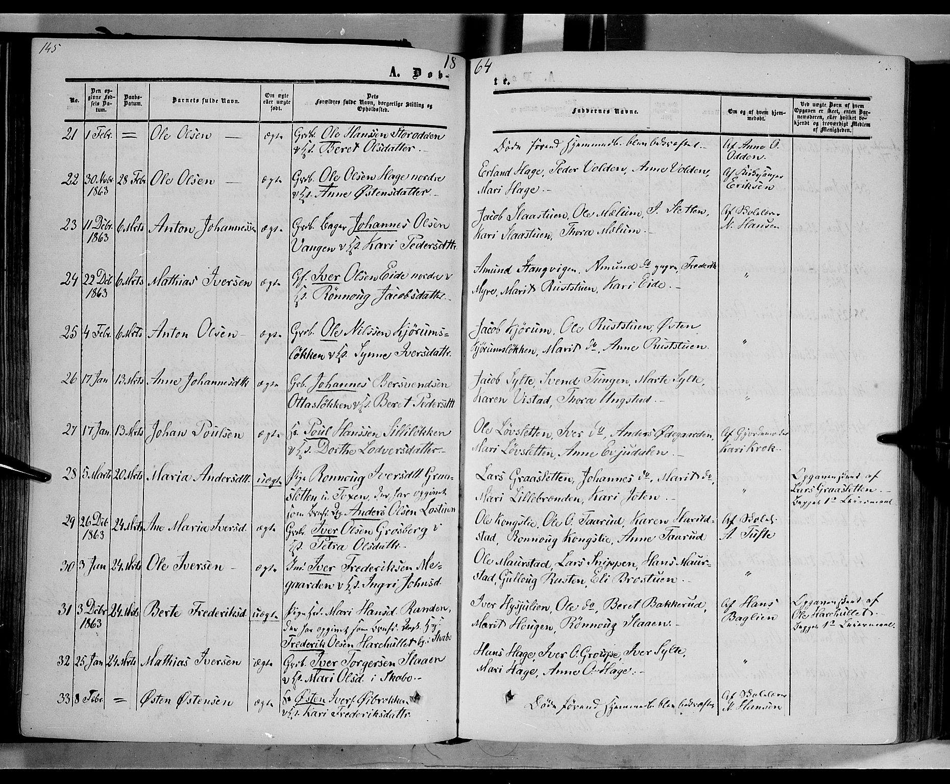 Nord-Fron prestekontor, AV/SAH-PREST-080/H/Ha/Haa/L0001: Parish register (official) no. 1, 1851-1864, p. 145